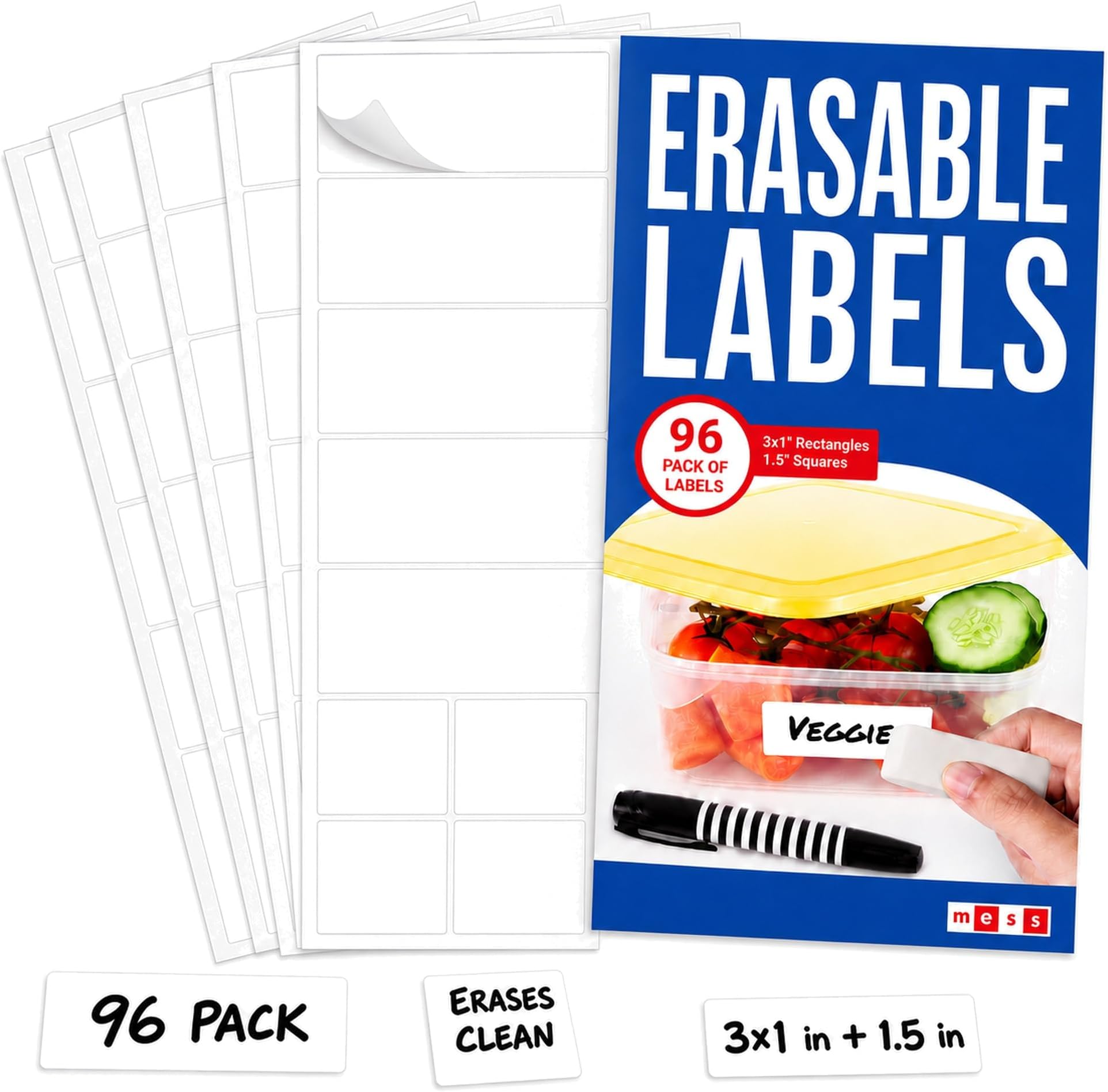 Dry Erase Stickers 96pk 1x3 & 1.5in, Reusable White Spice Jar Pantry Labels | Freezer and fridge safe, waterproof, marker wipes off clean, leaves no residue, pantry, jars, spice tins, meal prep bins