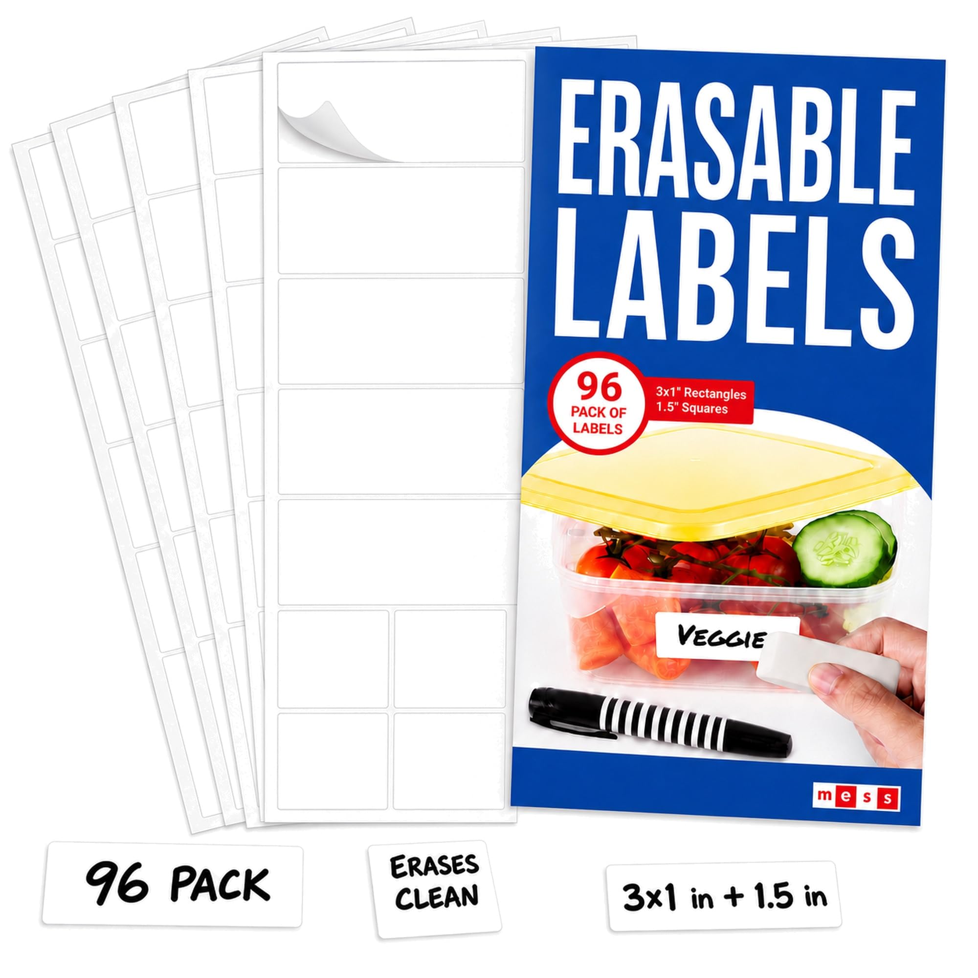 MESS Lebensmitteletiketten für Behälter – abnehmbare Etiketten für Küchen (96er-Pack), löschbare Etiketten zum Organisieren – Lebensmitteletiketten für Behälter – Gefrierschrank und Kühlschrank, weiß,