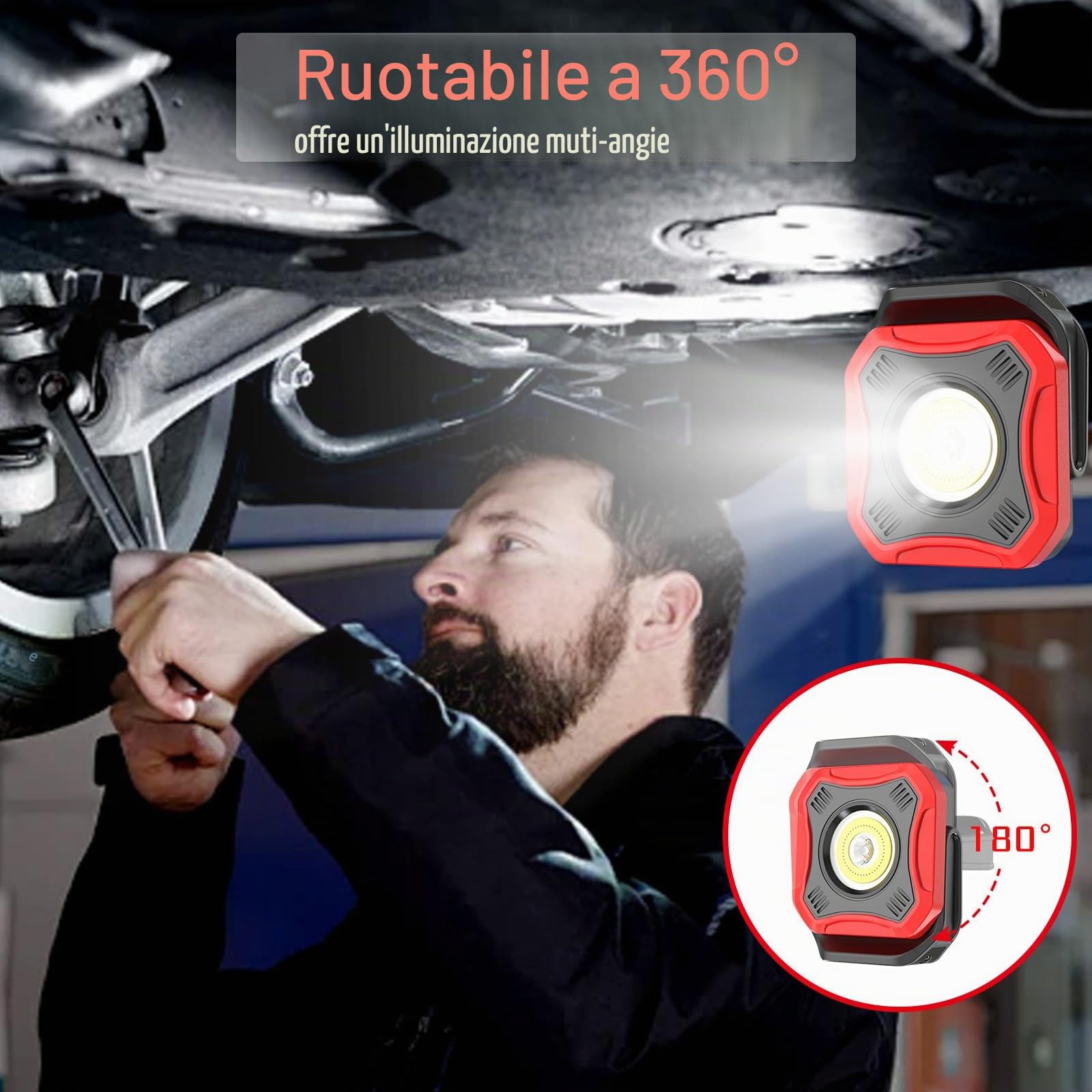Lampada da lavoro a LED, 1000 lumen, super luminosa, lampada da officina, lampada a batteria, 4 modalità di illuminazione con base magnetica e rotazione di 180°, per garage, officina