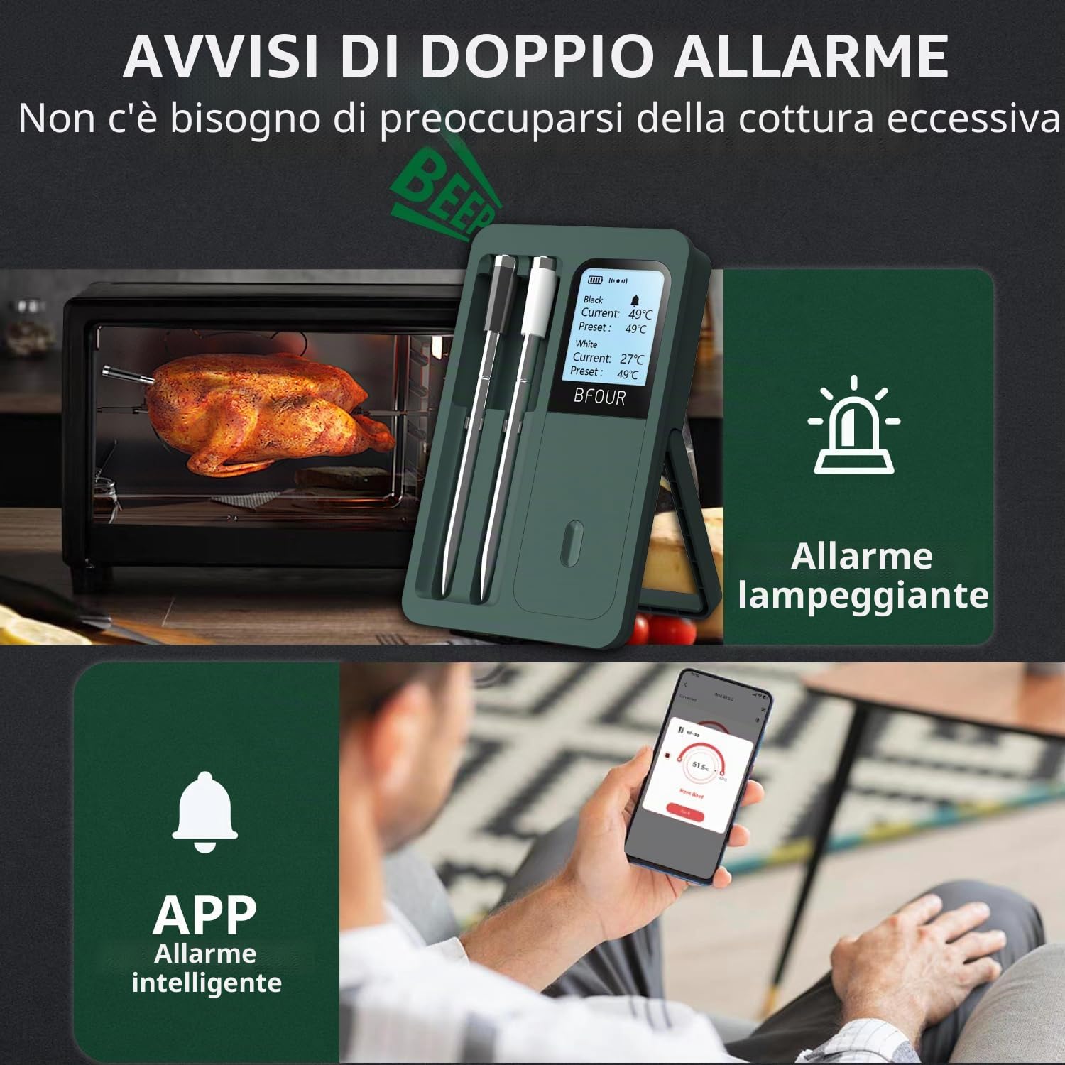 Termometro per carne senza fili Bluetooth con 2 sonde, display LCD, controllo tramite APP, termometro per griglia per BBQ, griglia, affumicatore, forno, cucina, BF-40