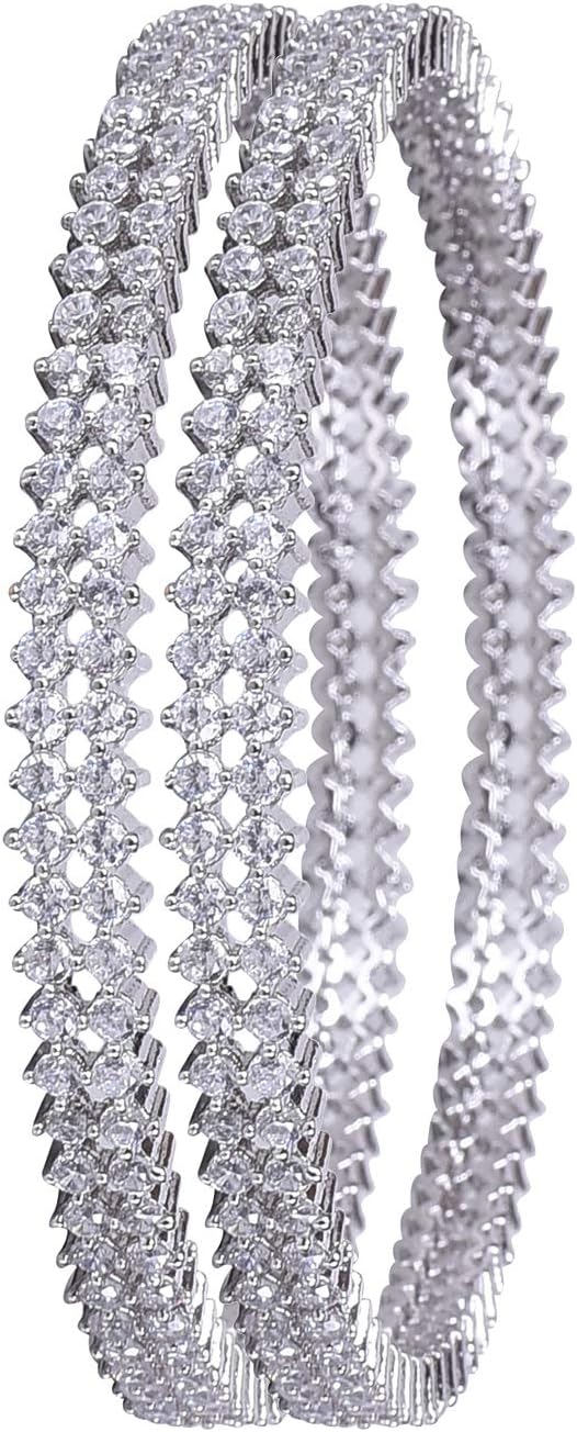 Ratnavali JewelsAmerican Diamond Silver Plated White Solitatire Two Line CZ/Diamond Bangles for Women/Girls RV3199W