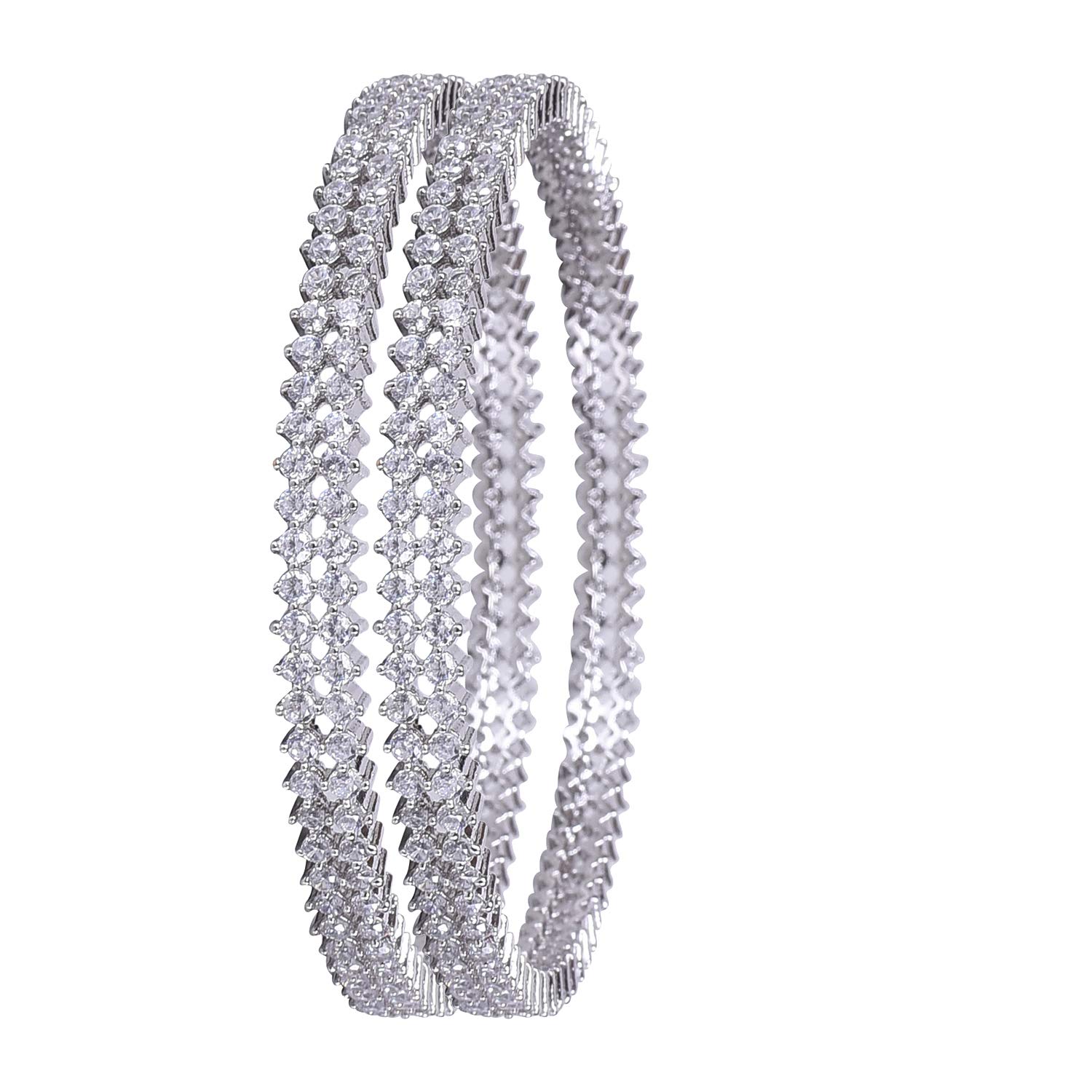 Ratnavali JewelsAmerican Diamond Silver Plated White Solitatire Two Line CZ/Diamond Bangles for Women/Girls RV3199W