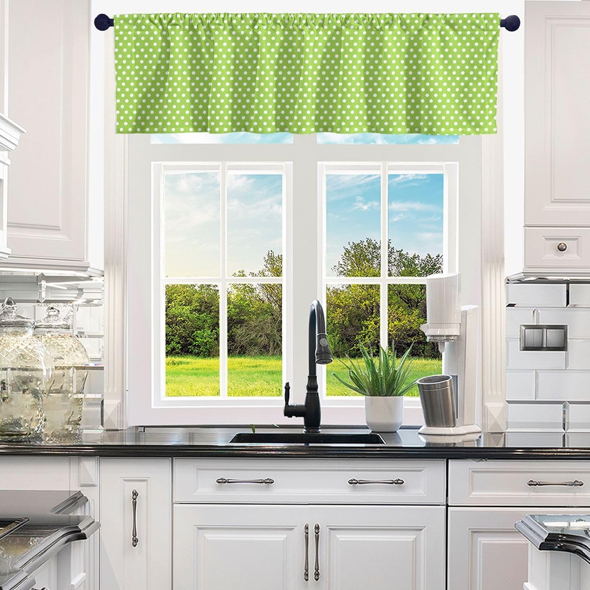 Polka Dots Valance Curtains,Green White Window Valances for Living Room Decor,Abstract Geometric Circles Window Treatments 1 Panel,Modern Minimalist Style Kitchen Curtain Valance,52" L X 12" W