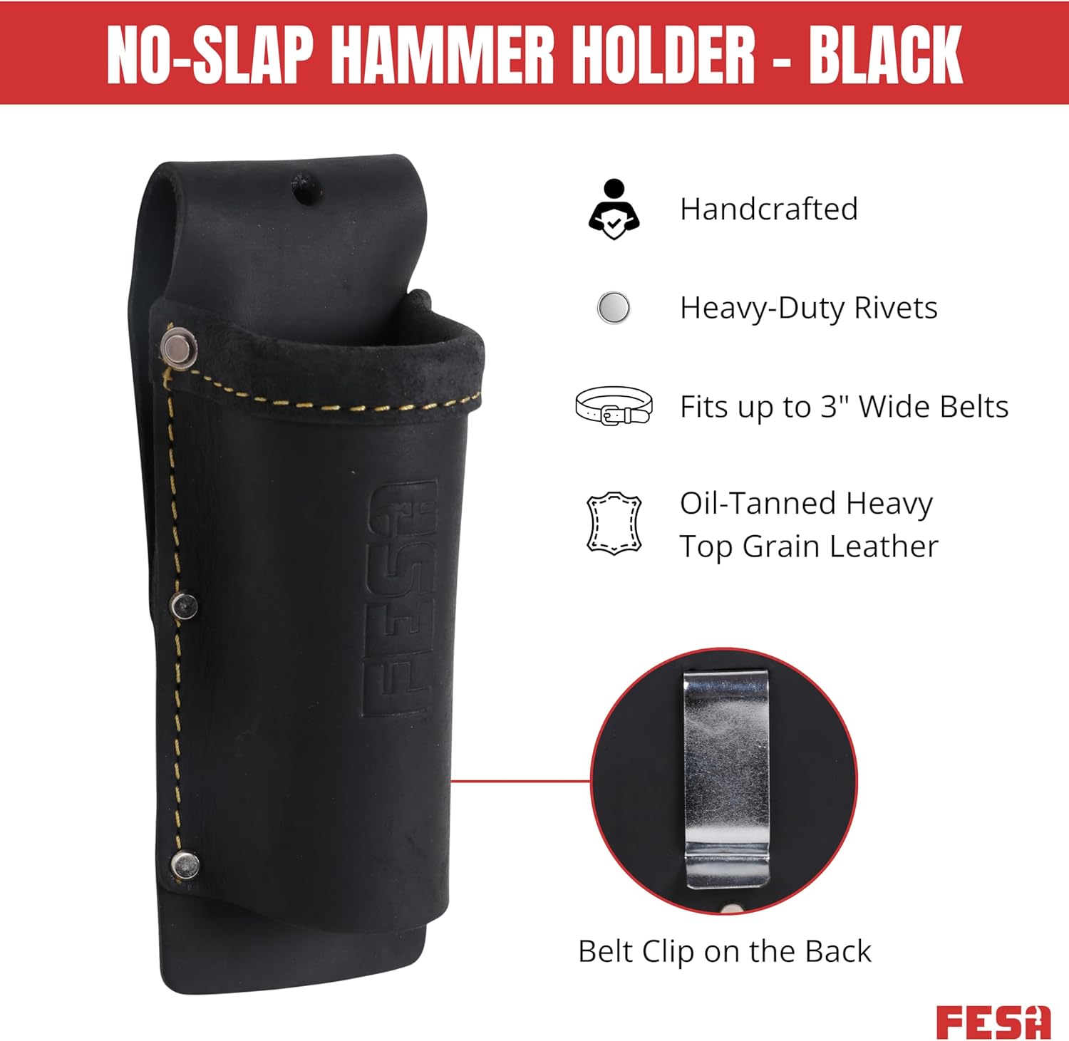 FESA Leather Hammer Belt Holder - No Slap Hammer Sleeve with Reinforced Heavy Duty Rivets & Nylon Stitching - Fits Any Belt, 2 Ways to Attach - Handcrafted
