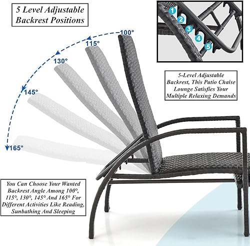 Miniatura 4 de Tumbona reclinable para patio al aire libre, cama para tomar el sol, diseño de reposapiés retráctil, cómodo asiento acolchado de 5 niveles con