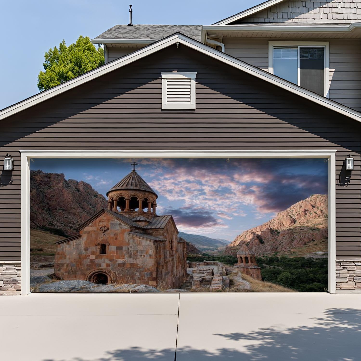 6x13ft Garage Door Banner Armenian Monastery Noravank Garage Door Cover Decorations Polyester Door Mural Backdrop for Outdoor Indoor Party Background Decor