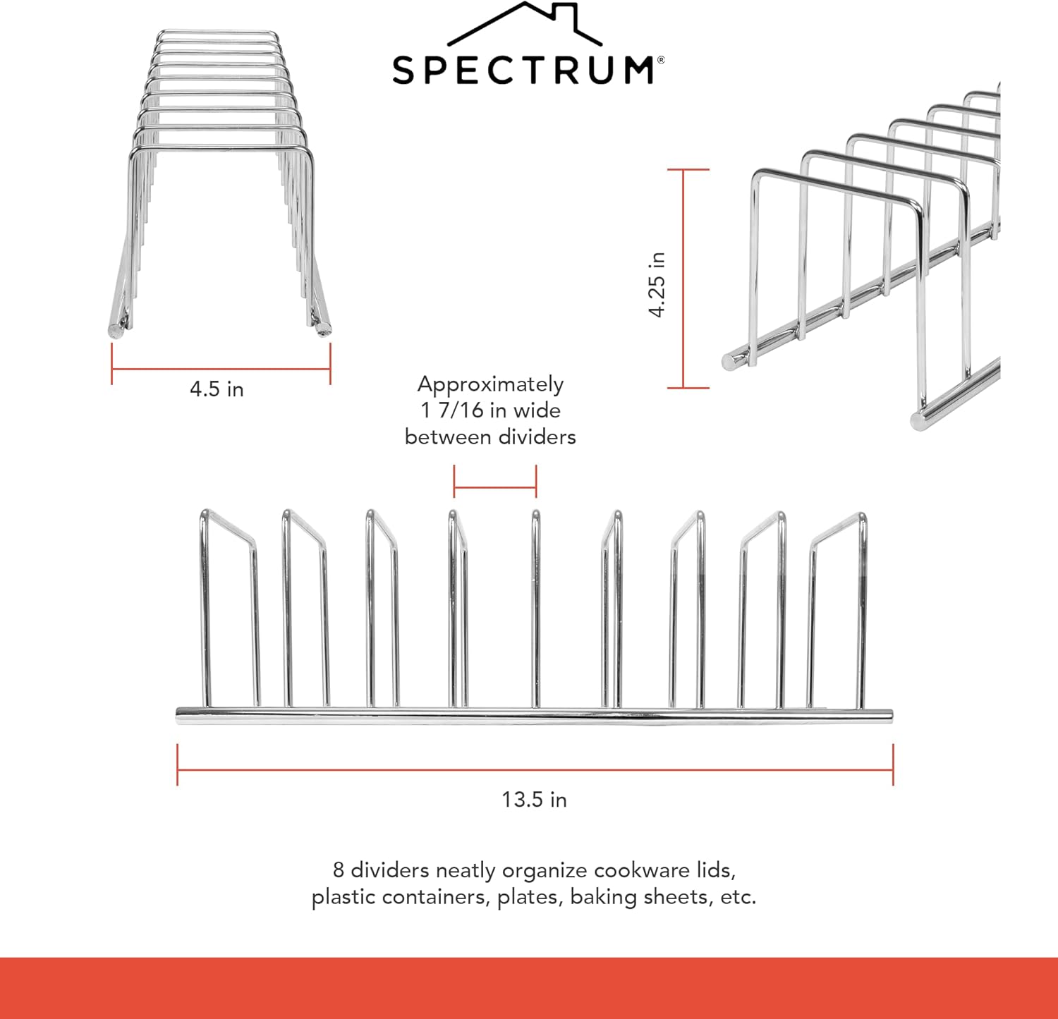 Spectrum Euro Kitchen Organizer Cutting Board Holder Stand for Countertop or Inside Kitchen Cabinet Organization Chrome, 8 Slot Cutting Board Drying Rack or Cabinet Plate Bakeware Storage Organizer