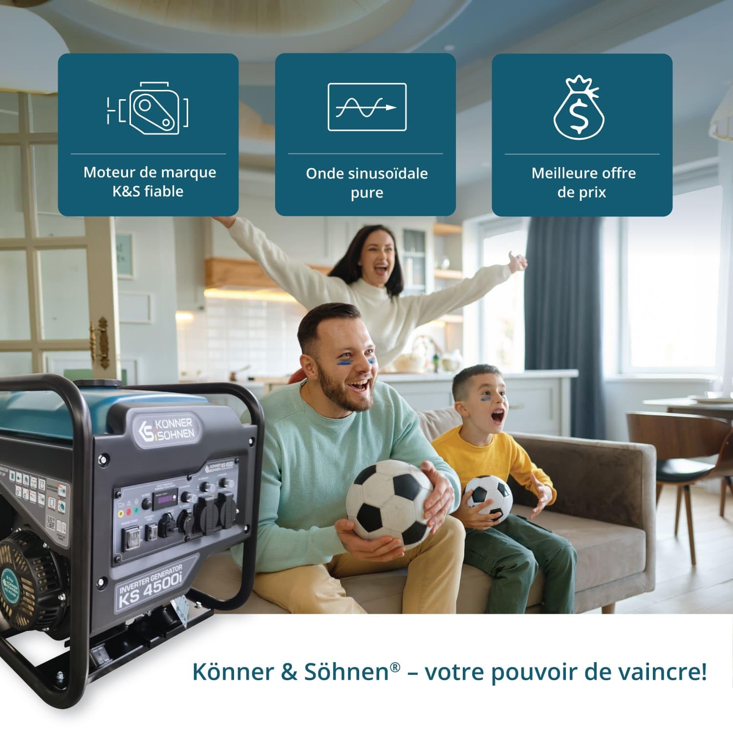 K&S Könner&Söhnen KS 4500i Groupe électrogène essence onduleur 4500 W, USB QC 3.0, Type-C, Générateur à essence avec mode éco, écran LED, 4 temps, 12 V, générateur à onduleur