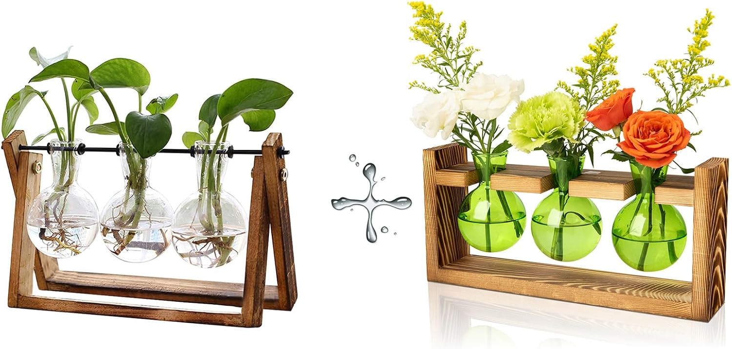 XXXFLOWER 3 Bulb Vase Plant Terrarium with Wooden Stand+3 Bulb Green Glass Propagation Station