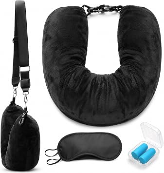 Fillable Travel Pillow Stuffable for Travel with Adjustable Straps Black