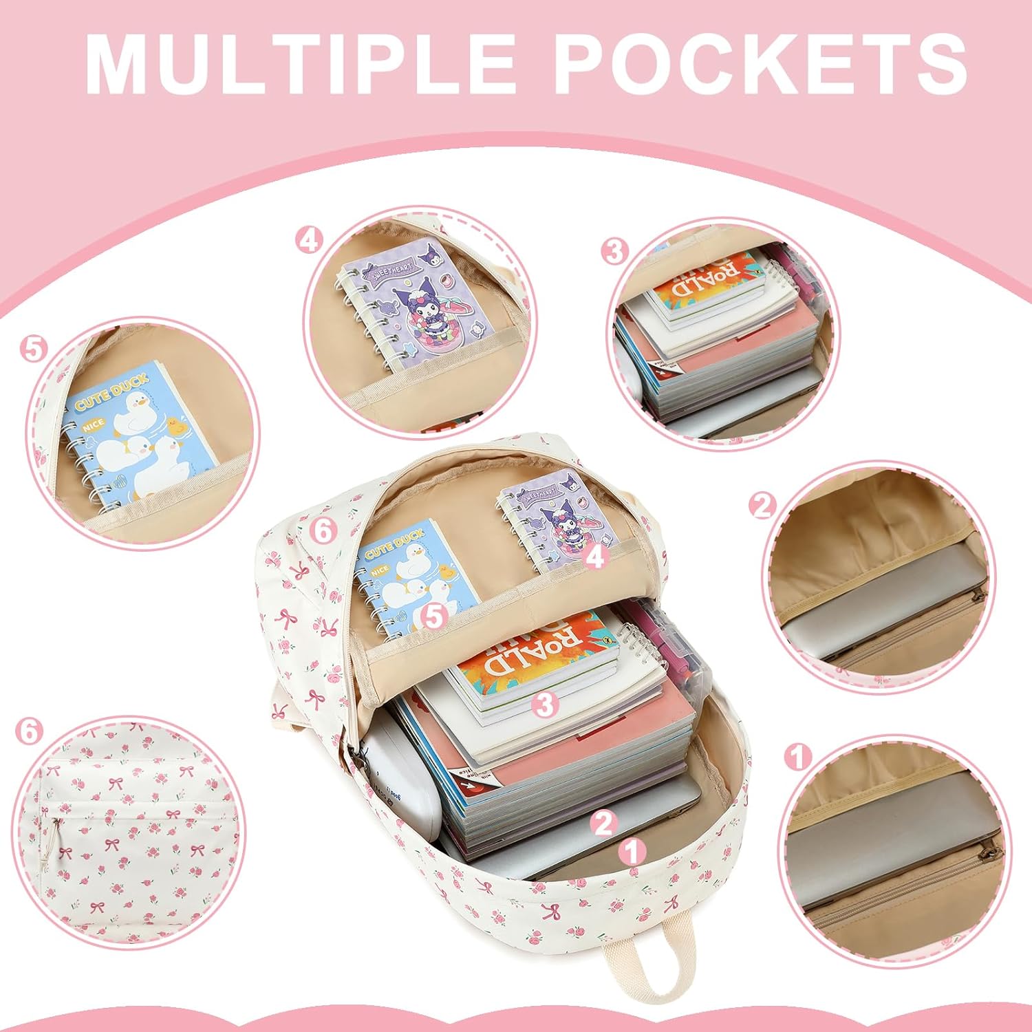 Bluboon Teen Girls School Backpack Kids Bookbag Set with Lunch Box Pencil Case Travel Laptop Backpack Casual Daypacks (Beige bow tie) - Image 4