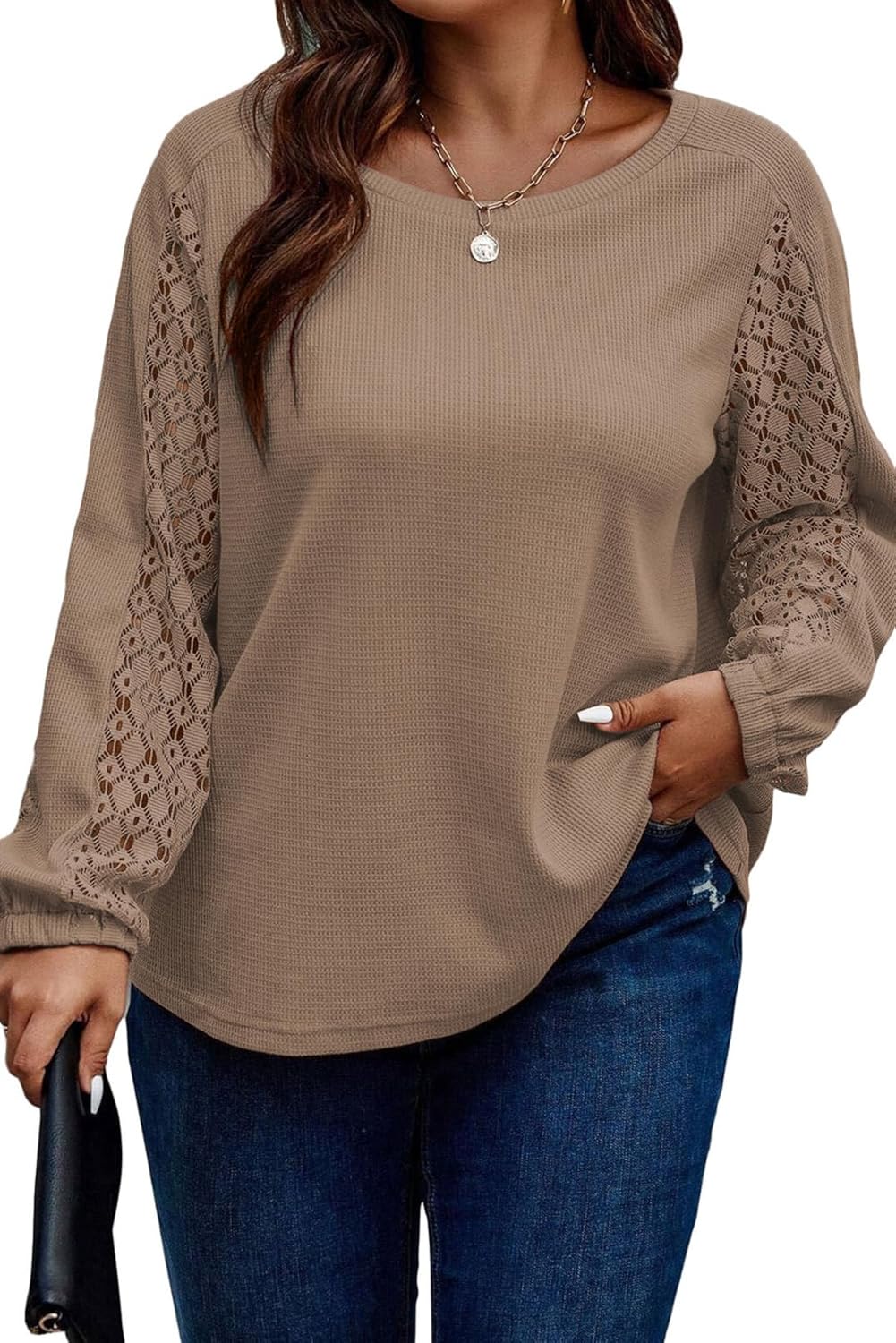 Eytino Womens Plus Size Tops Lace Long Sleeve Waffle T Shirts Casual Crewneck Tunic Tops(1X-5X)