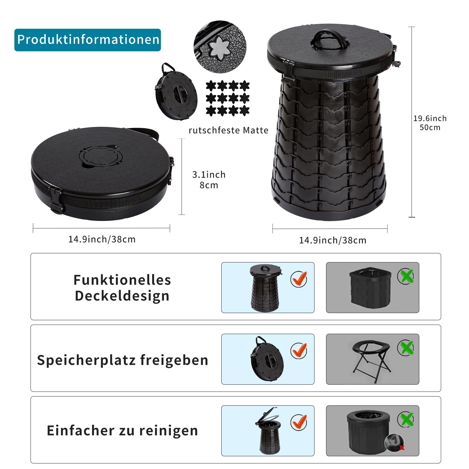 Campingtoilette Faltbar | Trockentoilette Maximalbelastung 300 Kg | Kompakt Mobile Toilet Φ 38 cm | Camping WC Höhe 8 bis 50 cm | Campingklo Blackout Festivals Garten Reisetoilette