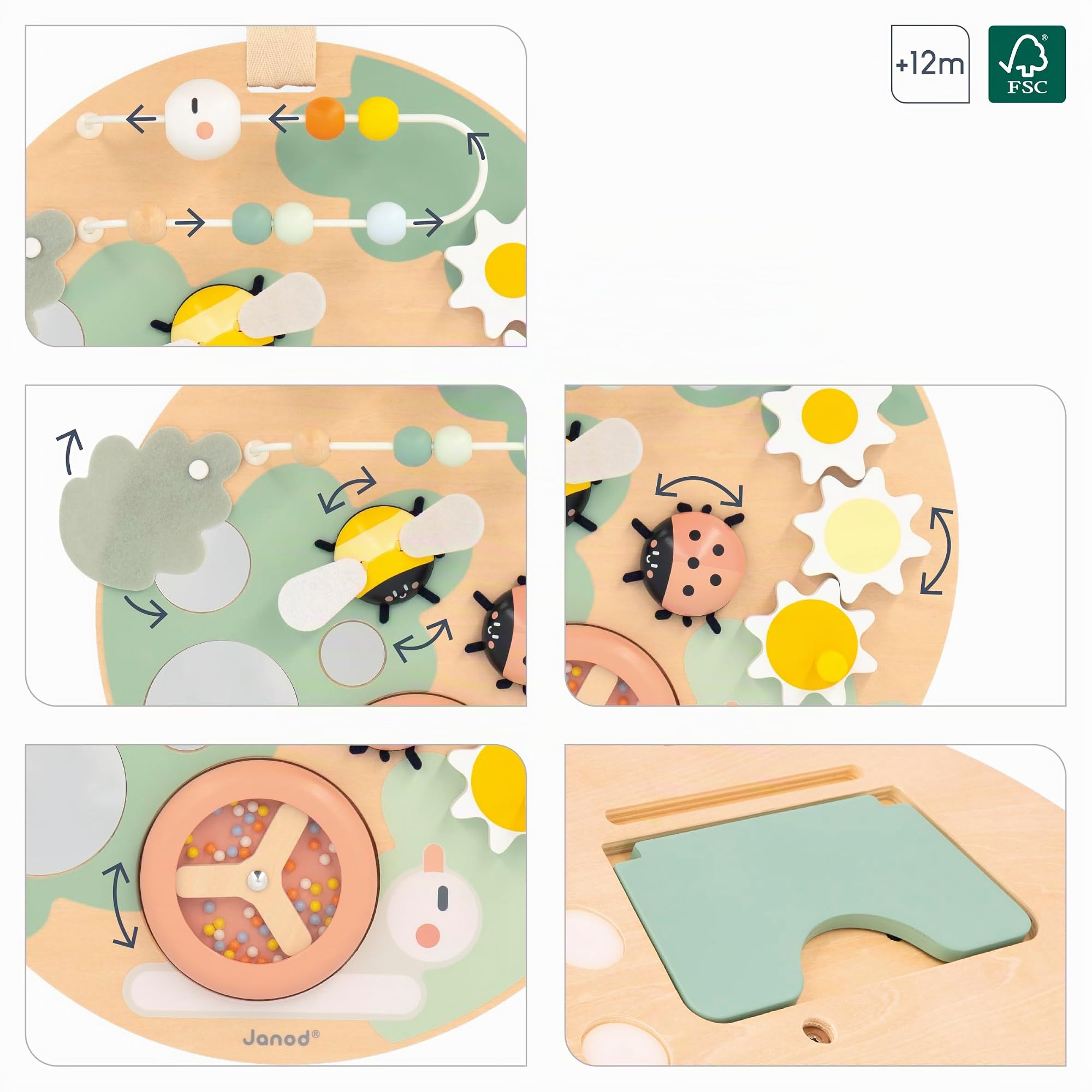 Janod - Panneau d'Activités Sweet Cocoon - 7 Activités Premier Age - Jouet d'Éveil Busy Board - Développement Motricité Fine - Jouet en Bois FSC - Peinture à l'eau - Dès 12 Mois,J04057