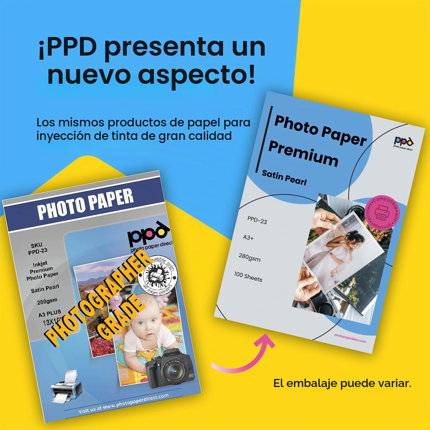 PPD Inkjet - A3 Plus x 100 Hojas de Papel Fotográfico Satinado Perlado 280 g/m² - Calidad Profesional - Secado Instantáneo - Para Impresión de Inyección de Tinta - PPD-23-100