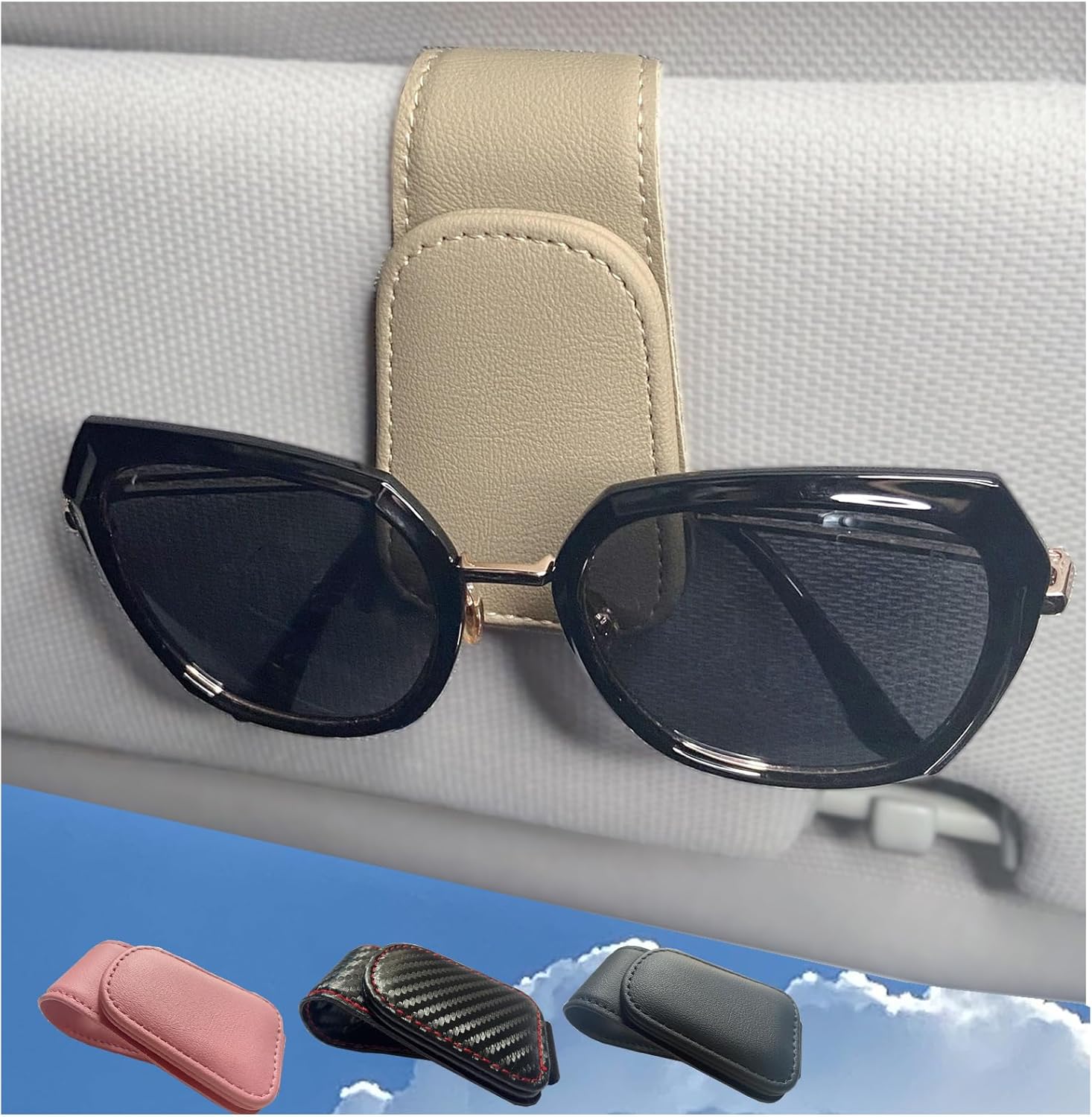CHOSMOYI 2 Packs Sunglasses Holder for Car, Sunglass Clip for Car Visor, Magnetic Leather Car Eyeglass Holder and Ticket Card Clip, Suitable for Different Size Eyeglasses(Black