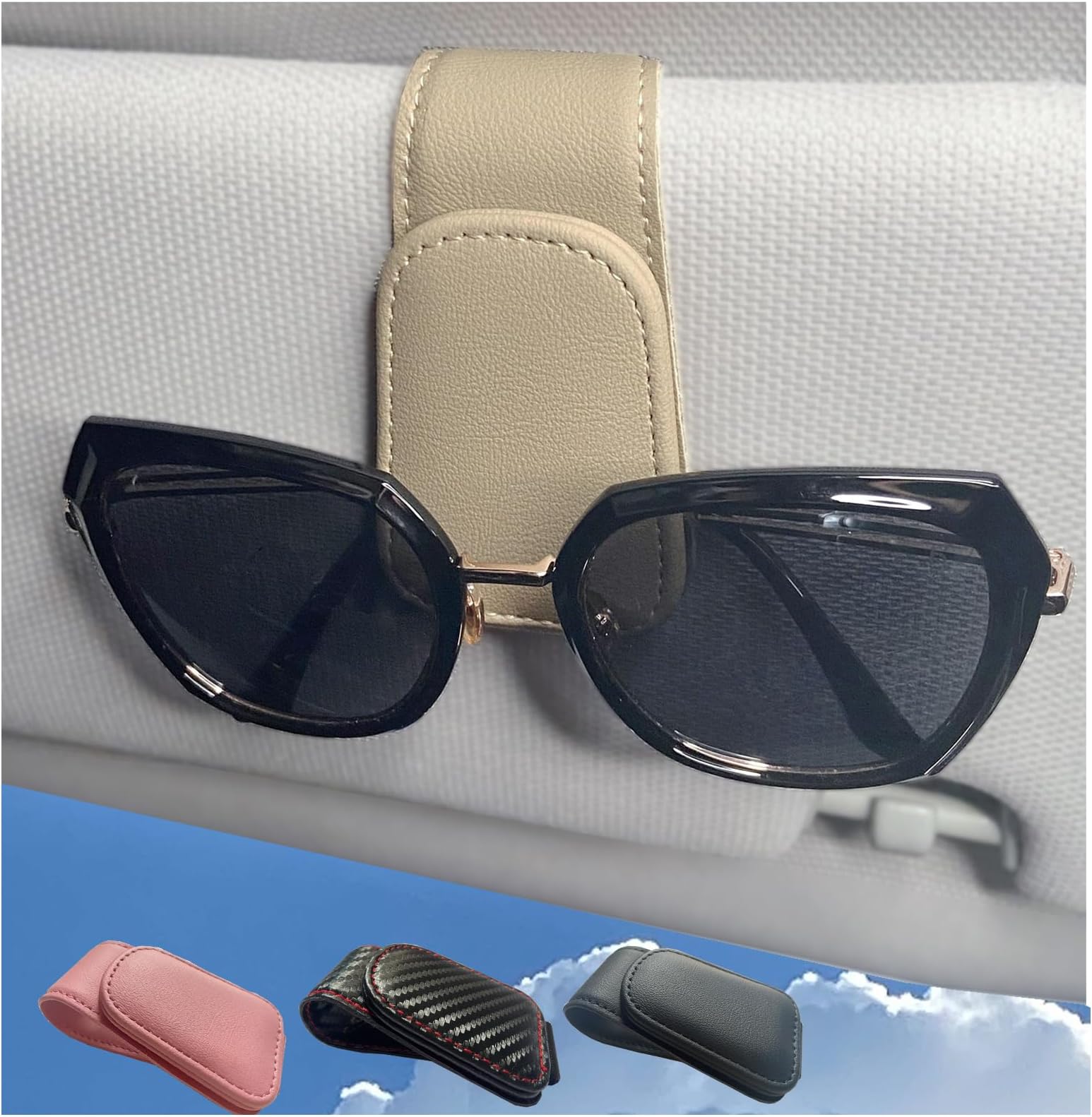 CHOSMOYI Magnetic Leather Sunglass Holder for Car, Sunglasses Clip for Car Visor, Auto Interior Accessories Universal for Different Size Eyeglasses (Beige)