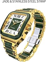 Vista 8 de Diella Reloj de pulsera rectangular para hombre, relojes automáticos de cuerda automática para hombre con jade y reloj de acero inoxidable, reloj
