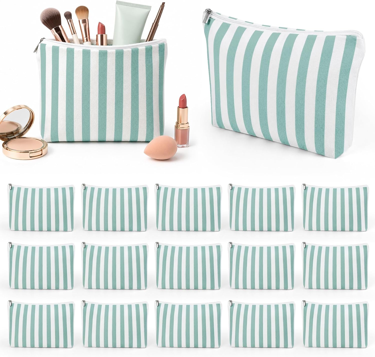 16 Pcs Green Striped Cosmetic Bags Bulk Canvas Makeup Bags Beach Bag Women Pouch Large Preppy Storage Pouch Travel Toiletry Organizer Zipper Pouch Bags for Bridesmaid Party Favors Women Gifts