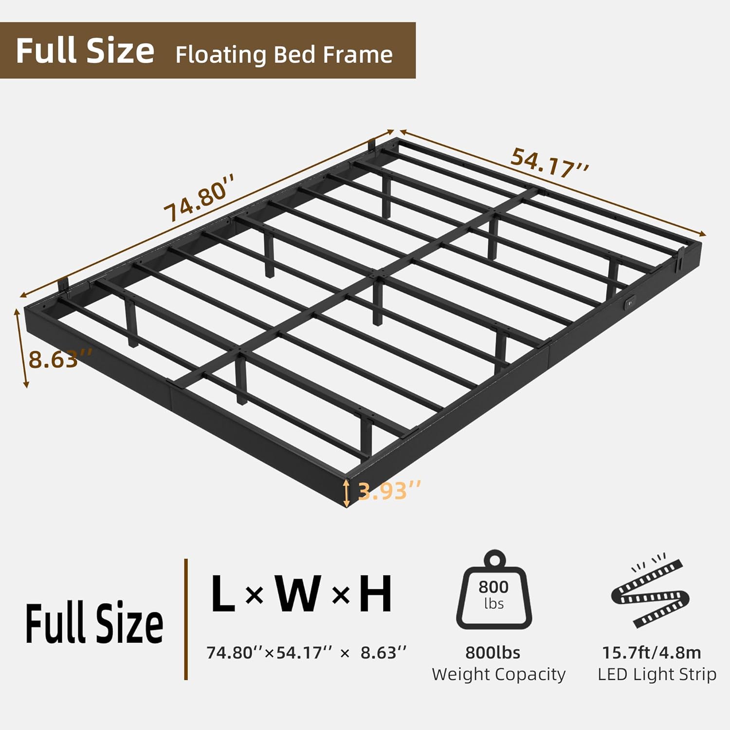 Floating Bed Frame Full Size with LED Lights and Charging Station, Black PU Metal Platform Bed Frame, Easy Assembly, No Box Spring Needed (Full)