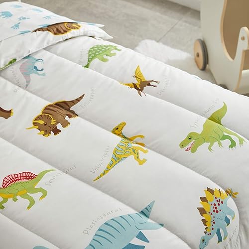 Miniatura 6 de Juego de ropa de cama de 4 piezas para niños pequeños, dinosaurio blanco con dinosaurios coloridos y monstruos, juego de sábanas para otoño e