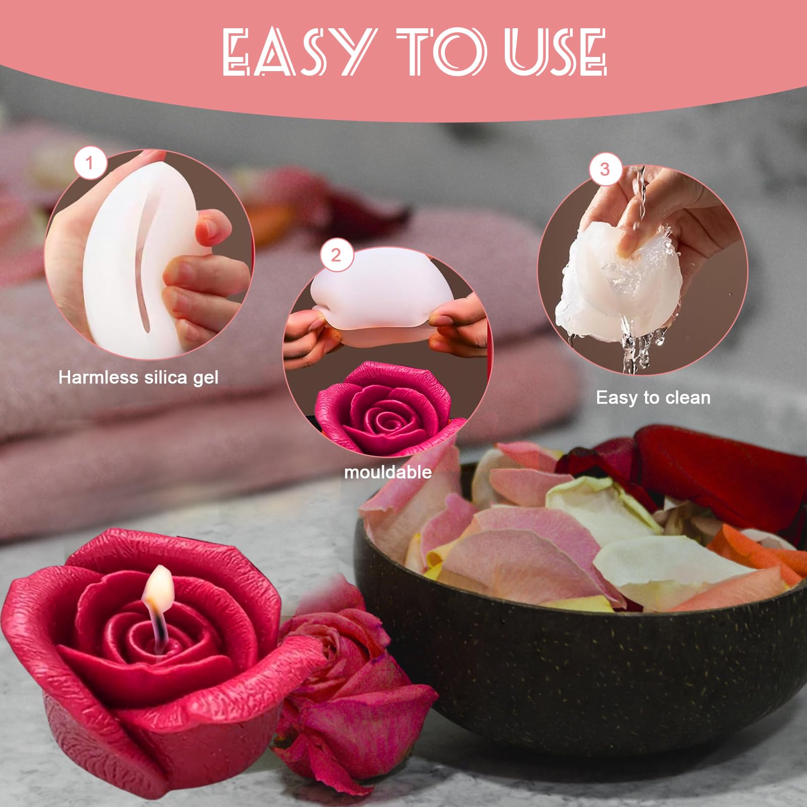 Moules En Silicone Pour Bougies Fleurs 3D - Lot De 3 Moules Roses - Réutilisables, Facile à Démouler - Pour Bougies, Savons, Chocolat, Résine
