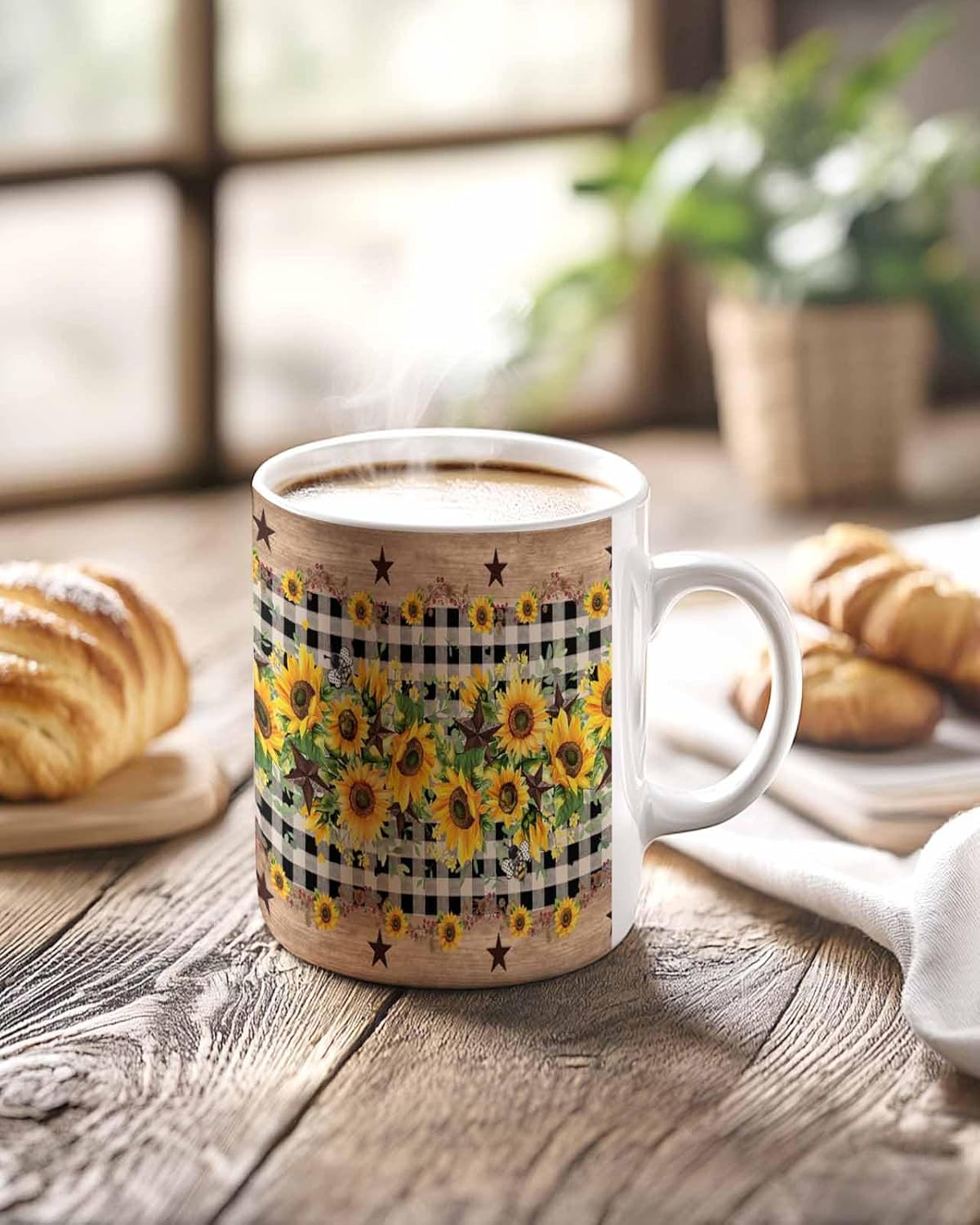 BEMIGO Ceramic Coffee Mug Country Star Sunflower Ceramic Mug White Cup, Vintage Buffalo Plaid Insulated Coffee Cup with Handle with Pattern Perfect for Tea and Hot Beverages, 12oz