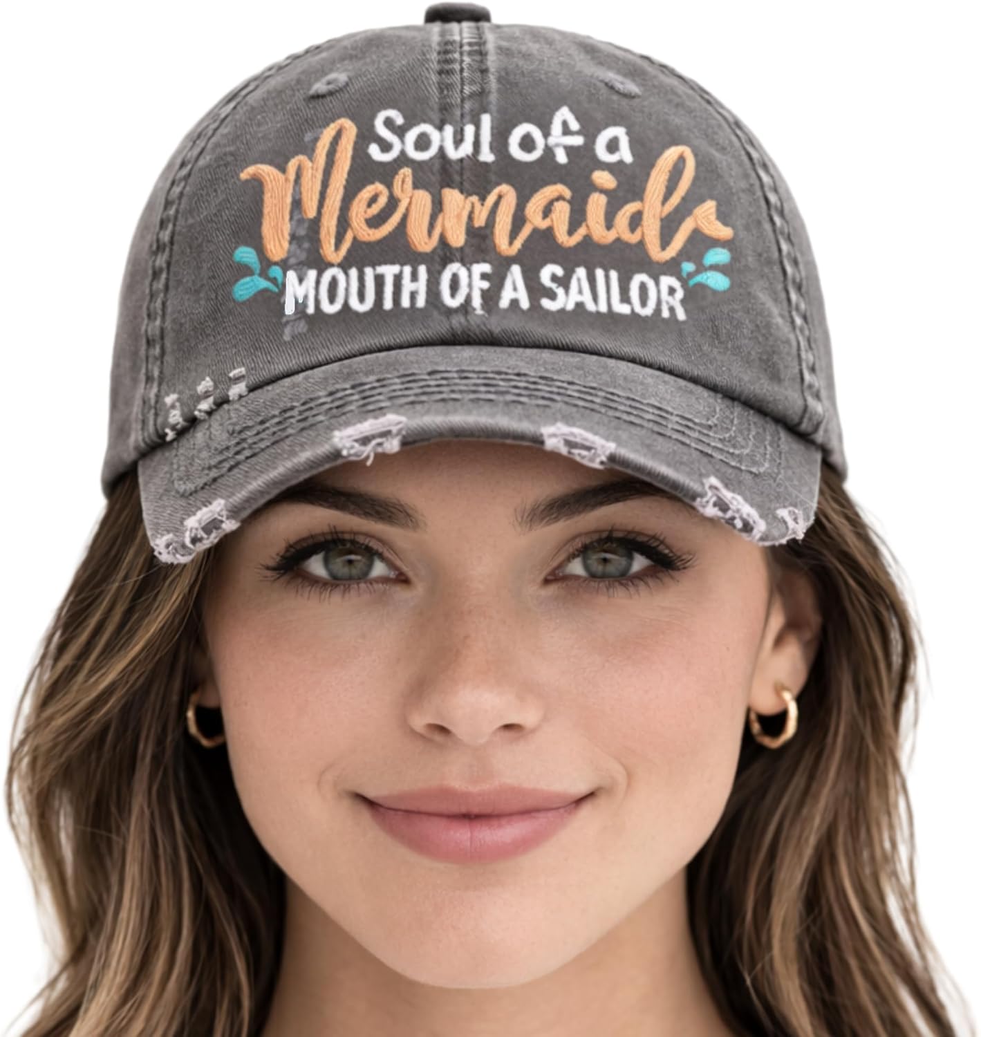 Soul of Mermaid Mouth of a Sailor Hat, Baseball or High Ponytail Cap, Handmade Beach Vacation Trip Hat, Ocean Lake Boating, Custom Gift for Her Wife Mom Cruise Lake Boat Cute Salty