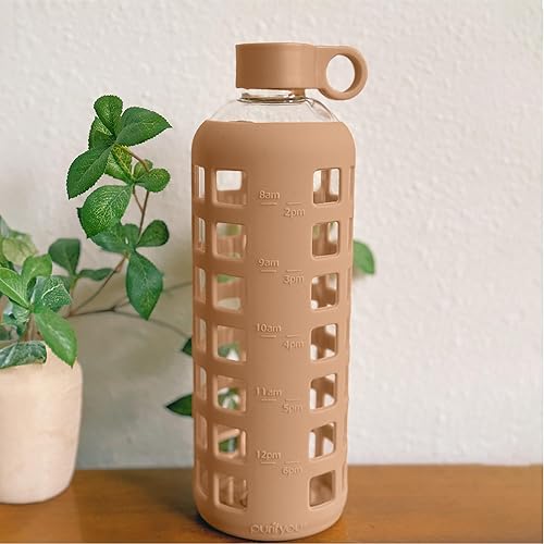 Miniatura 9 de purifyou Botellas de agua de vidrio de 40322212 onzas con marcas de tiempo y volumen y funda de silicona extra gruesa, botella reutilizable para