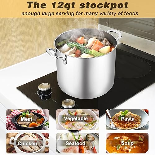 Miniatura 5 de TeamFar Olla de 12 cuartos de galón, olla grande de acero inoxidable 1810 con tapa para cocinar a fuego lentoguisar, para induccióngascerámica,