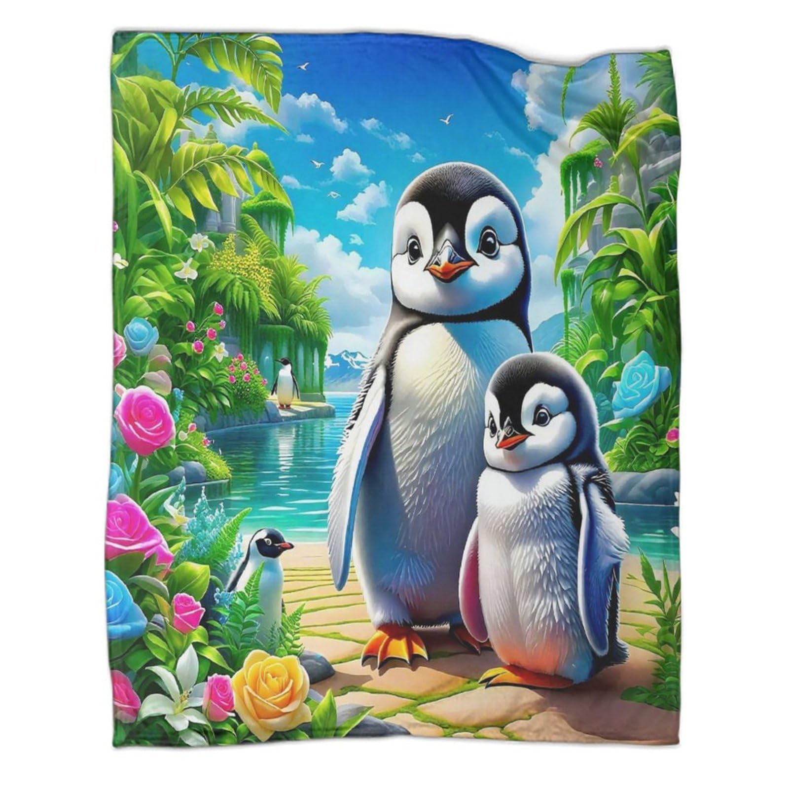 Couverture 3D pingouin en flanelle 180x200cm pour camping et voyage