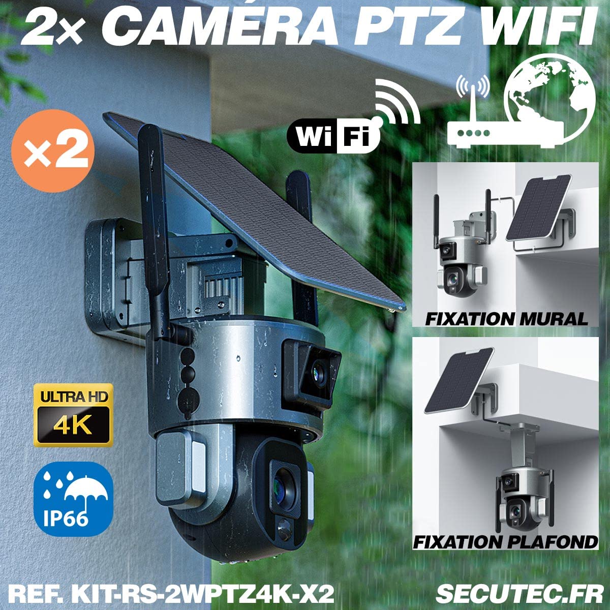 Kit vidéosurveillance Solaire 3G/4G Autonome 4K, caméras WiFi, Zoom X20, détection de Mouvement, Alarme et sirène, microSD 128 Go.