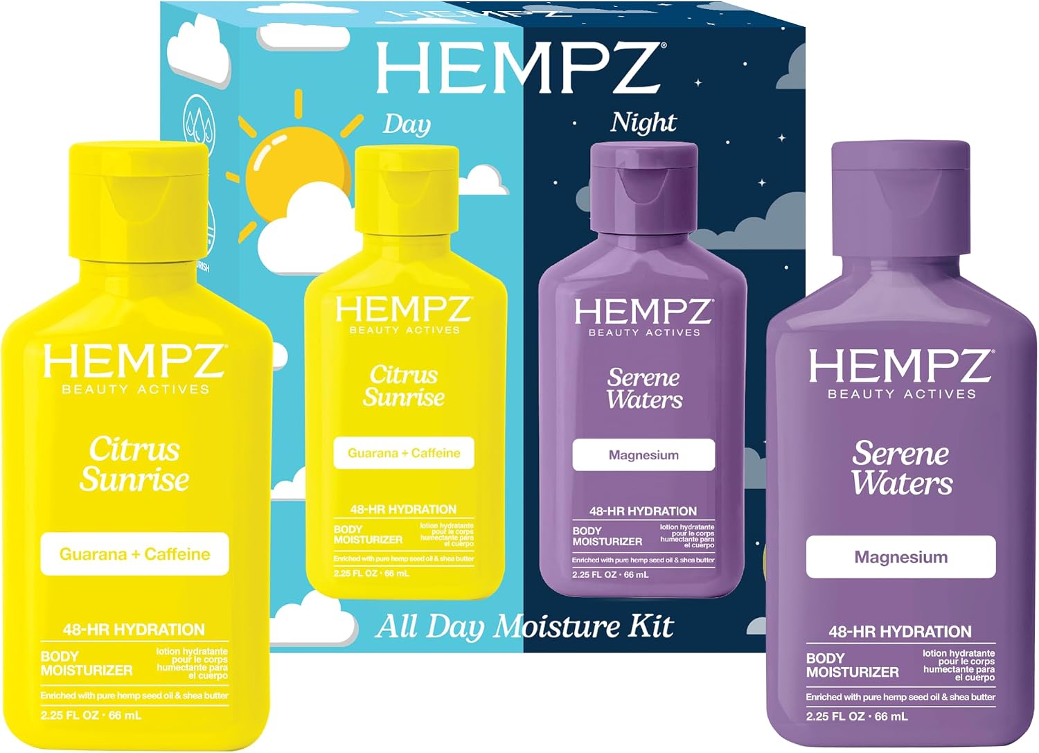 Hempz Mini Body Lotion Duo, Magnesium & Arnica Nighttime Lotion and Citrus Sunrise Citrus Scented Body Lotion, Hydrating Travel Size Body Care Set, 2 Pack, 2.25 fl oz Each