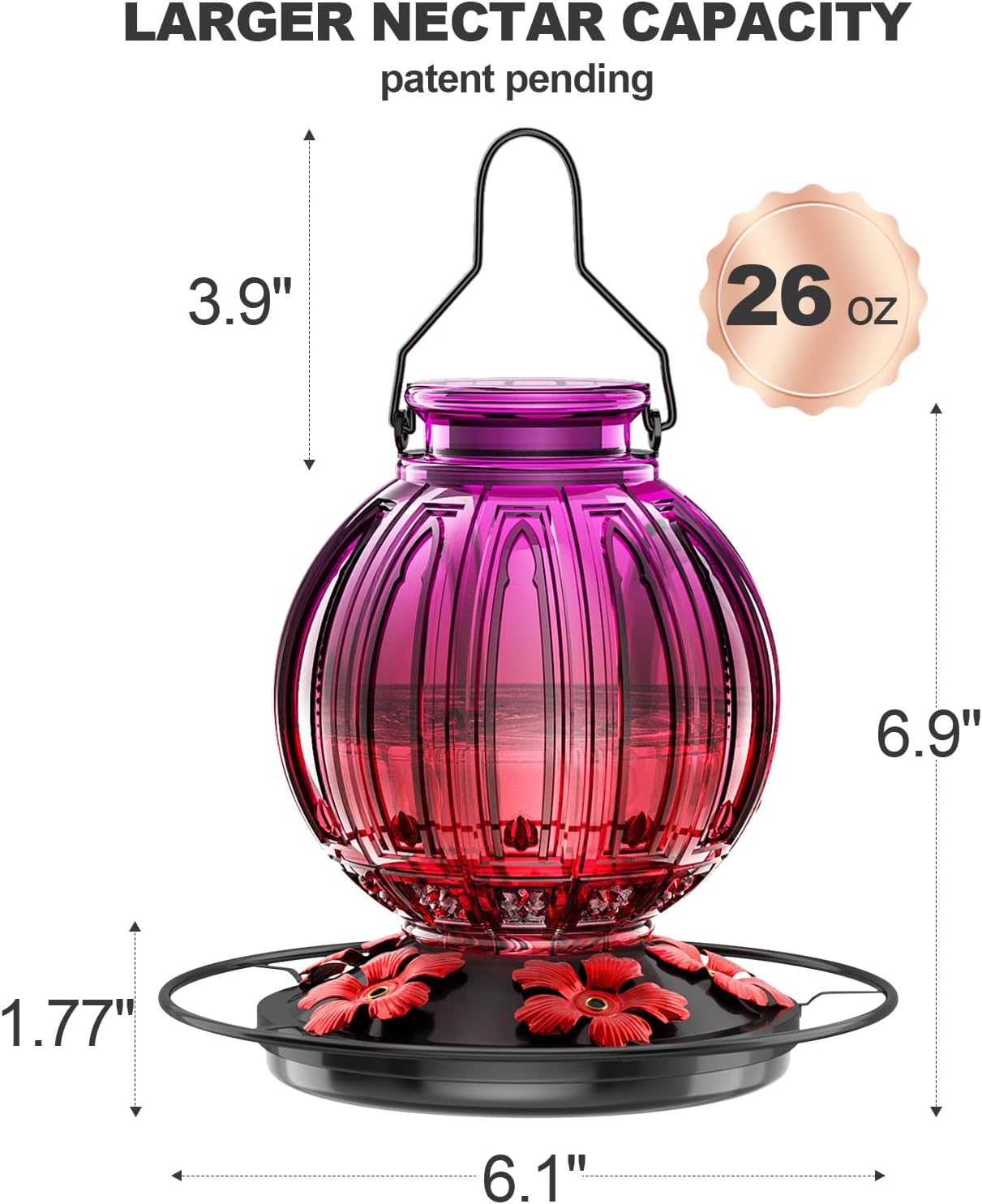 Glass Hummingbird Feeder for Outdoors Hanging, 26Oz Bird Nectar Feeder with Perch & 5 Flower Feeding Ports, Leak Proof for Outside Garden Decor Backyard, Gifts for Women Mom, Purple Red - Image 4