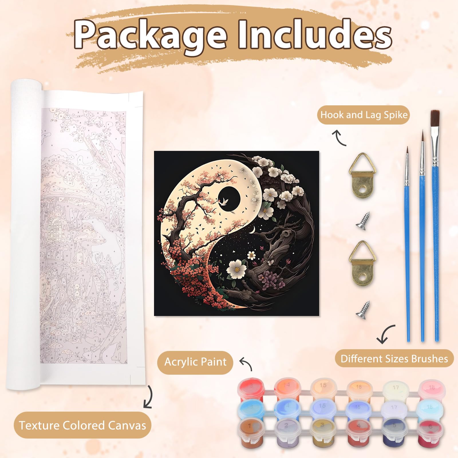 Peinture Par Numéros Arbre Yin Yang - Kit Adulte 30x30cm - Toile, Peintures Acryliques, Pinceaux Inclus - KEYIFA