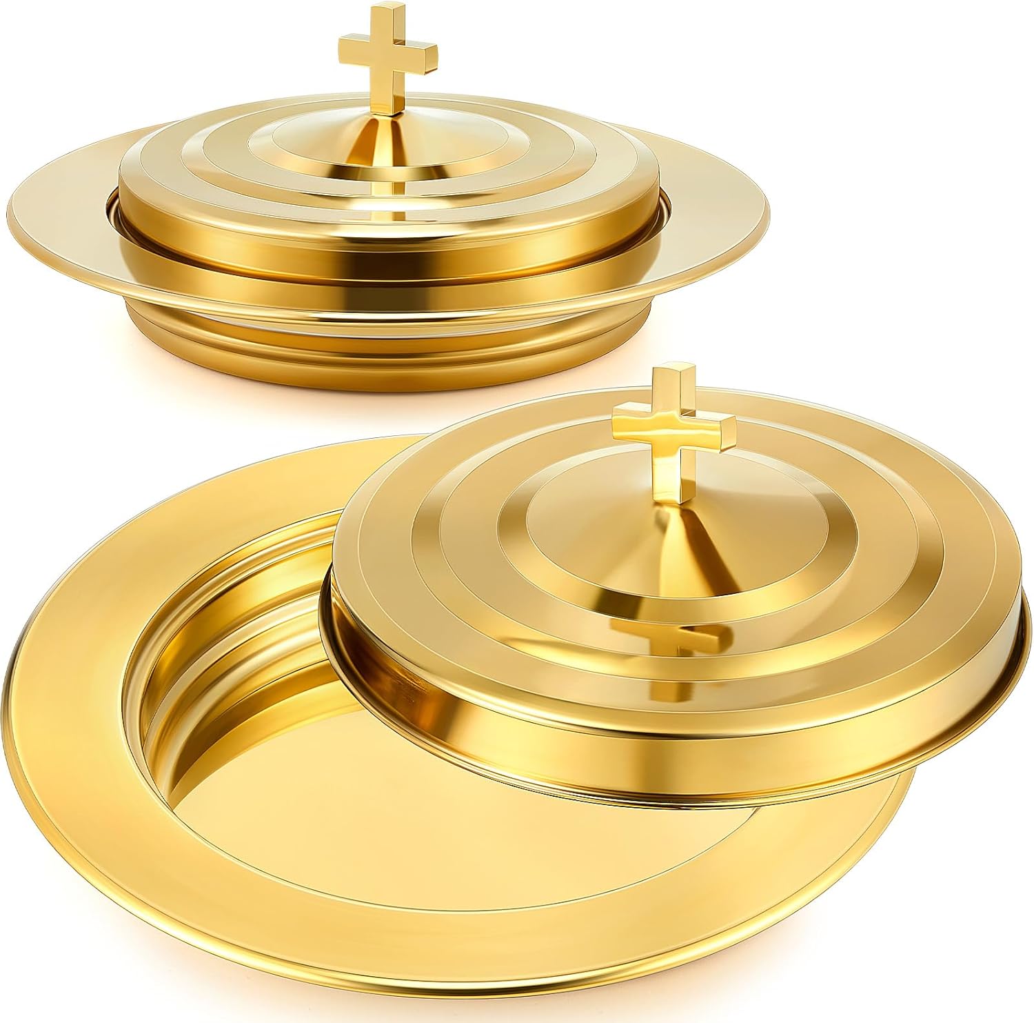 Zhehao 1 Plates Gold Communion Set, Holy Trays with Lid, Stainless Steel Bread Tray Plates for Churches, Holy Communion Tray with Cover, Polished Church Supplies Ware Sets