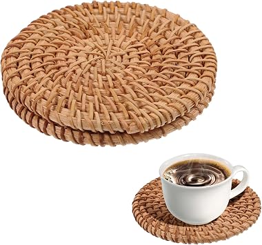 Oruola 2pcs Natural Woven Coasters,Rattan Coasters,3.93In Round Wicker Coasters,Boho Coasters Heat-resistant Drink Coasters for Coffee Table Housewarming Gifts Hot Drinking Home Decor Protecting Table