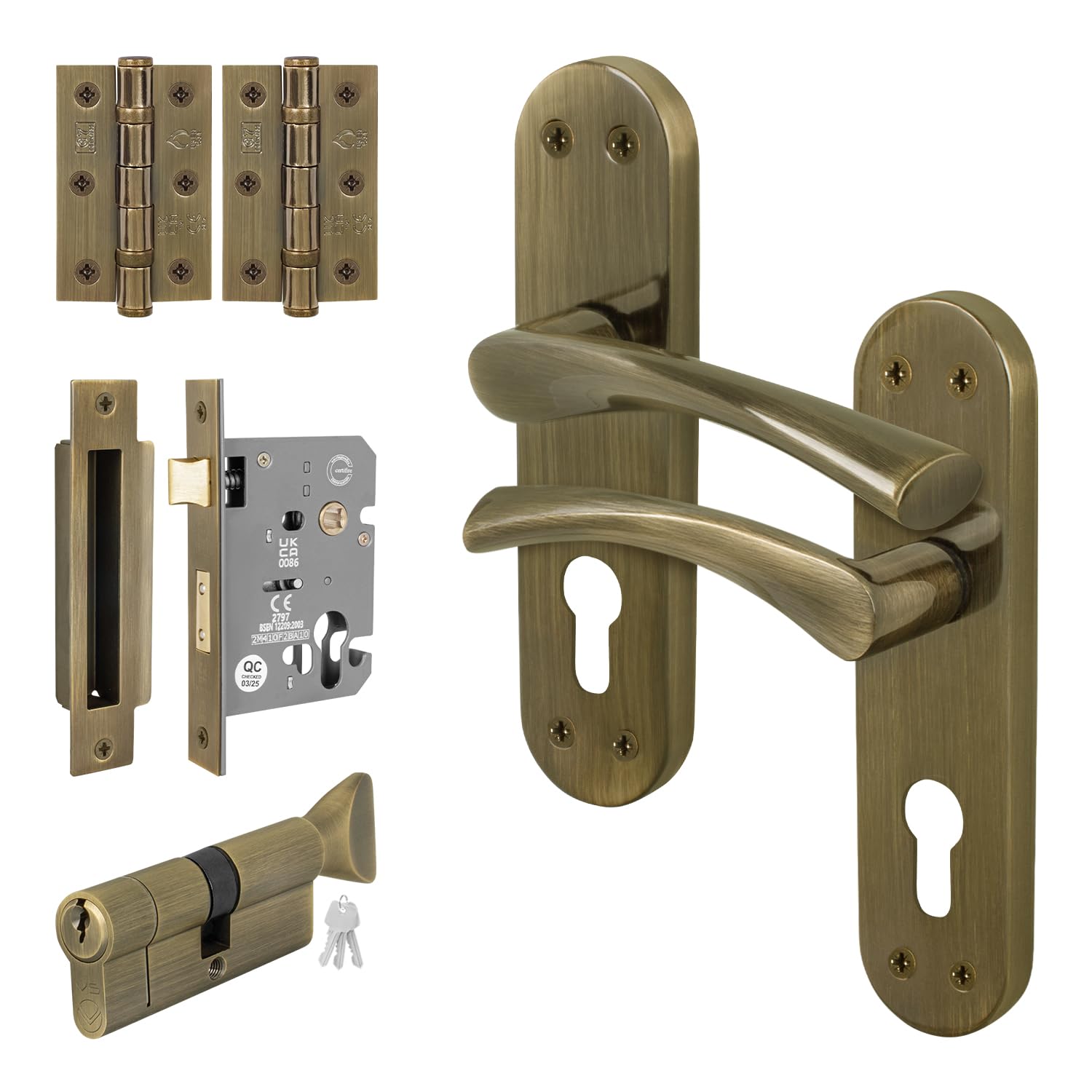 Eai Antique Brass Brass Door Handle Euro Lock, Thumbturn Cylinder Set, 1 Pair Internal Door Handle, Lock, Hinges - Novoli