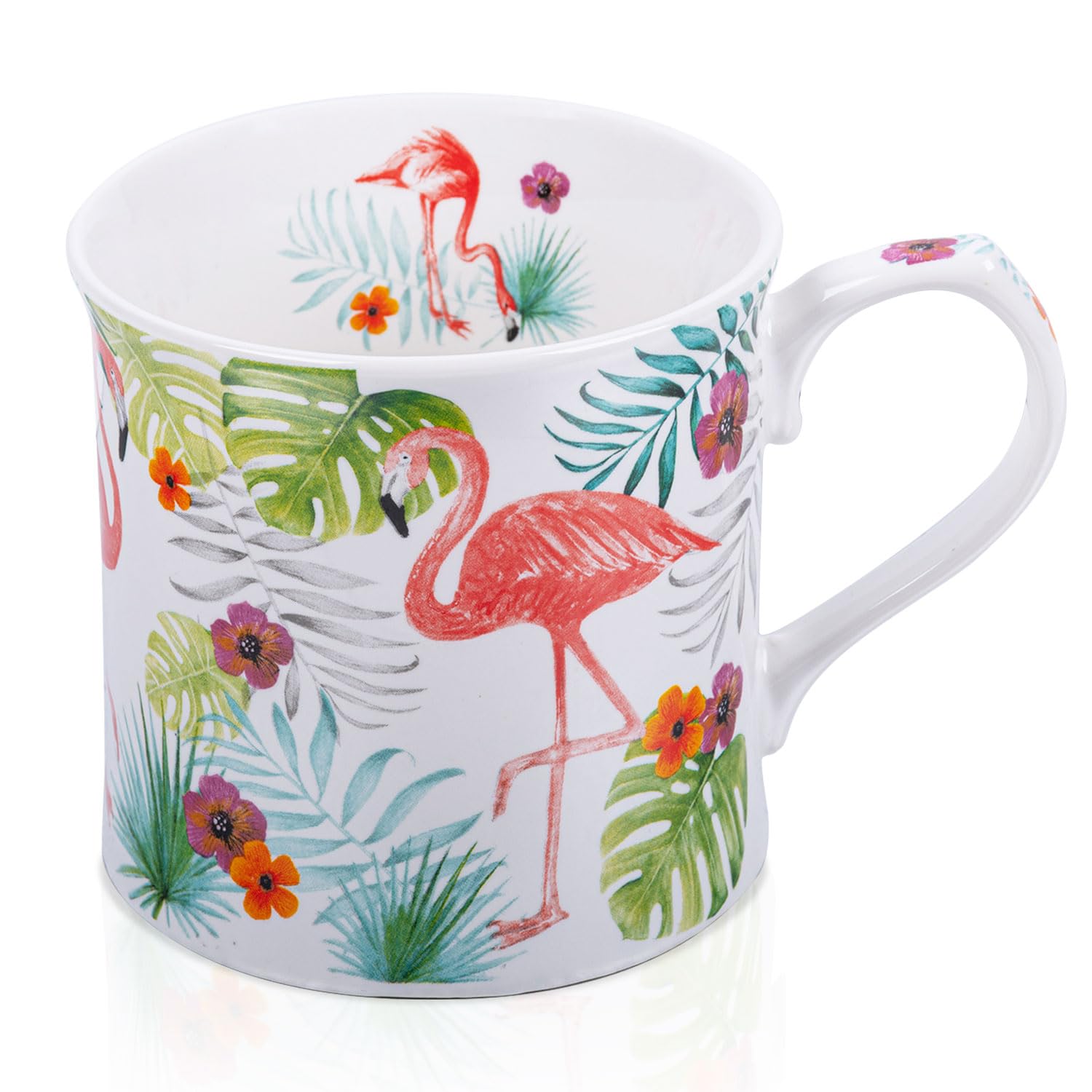 Flamingo Coffee Mug, Pink Flamingo &amp; Tropical Plants Ceramic Mug, 12oz New Bone China Tea Mug, Birthday &amp; Summer Gift for Women &amp; Girls, Designed in England by Harvest Green Studio