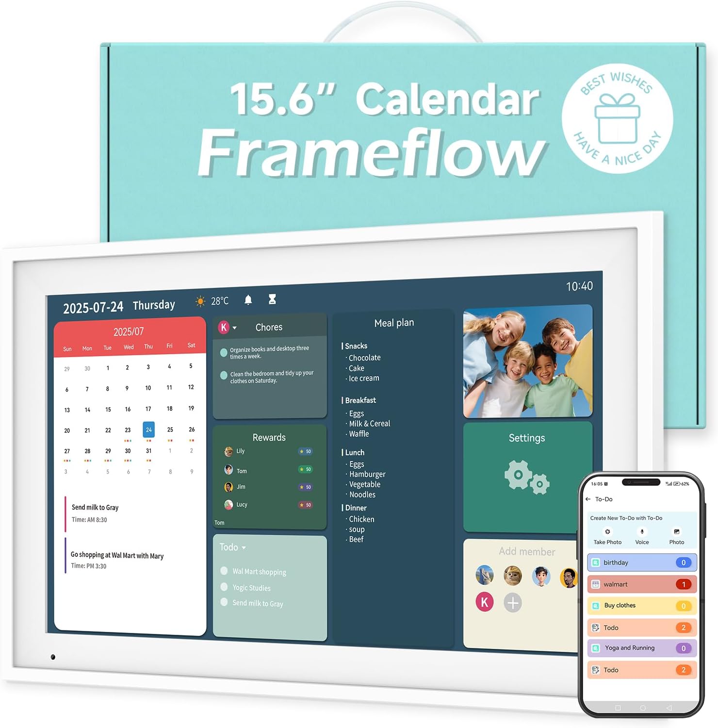 15.6-inch Digital Calendar Chore Chart, Electronic Wall Planner Smart Calendar Touchscreen for Family Schedules, Meal Planner, Task Rewards, Wall Mount Included, Organizing Your 2026 (White)