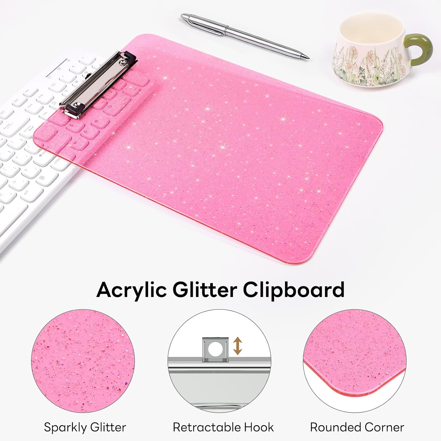 A4 Plastic Glitter Clipboard, 12.5 x 9'' Cute Pink Clip Board image 4