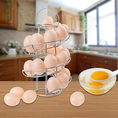 Miniatura 6 de Egg Skelter - Estante dispensador en espiral moderno de lujo, chapado en cromo, organizador de almacenamiento de huevos de gallina, cesta para