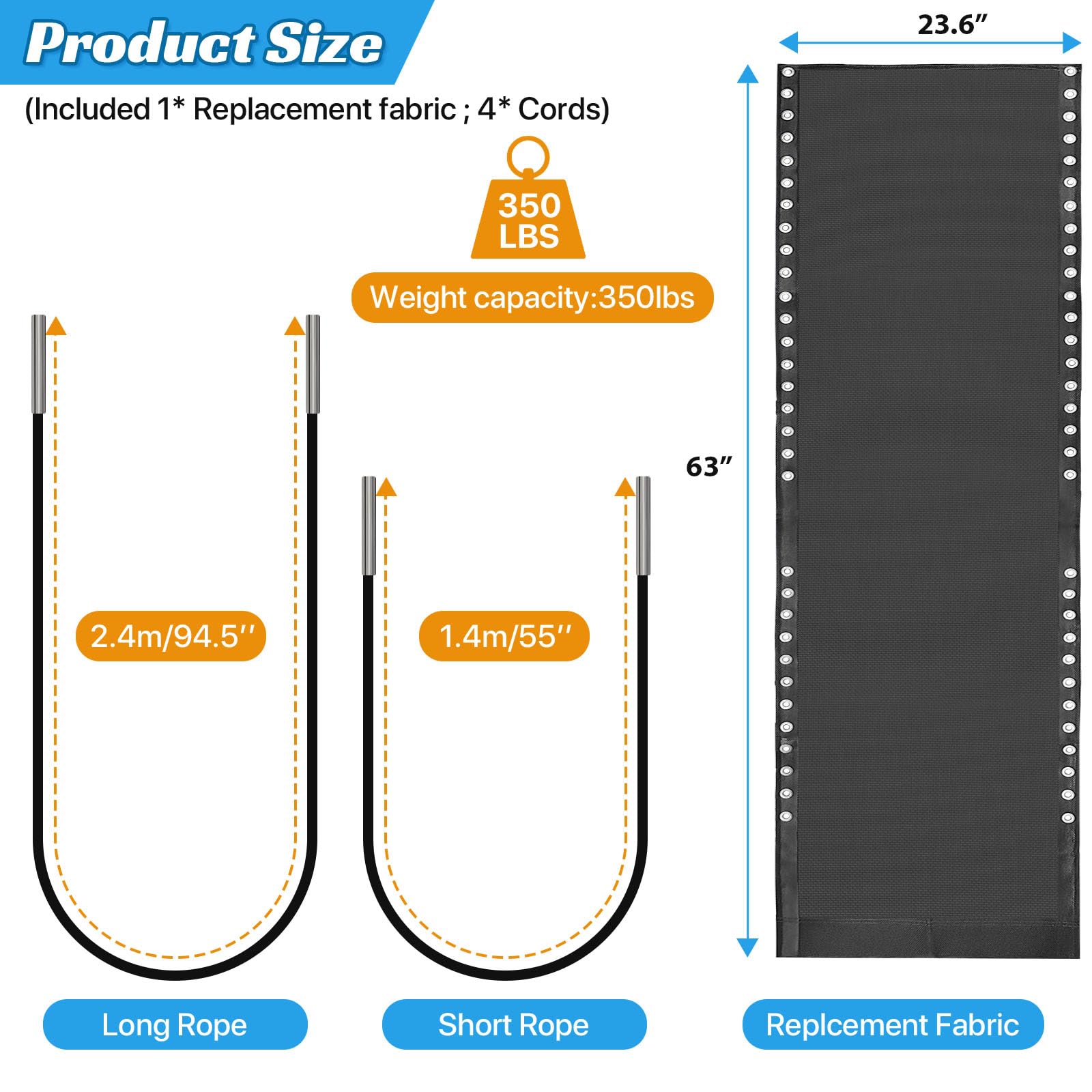 Tela de repuesto para silla de gravedad cero con kits de cable, 23.6 pulgadas de ancho x 63 pulgadas de largo, paño de reparación con cuerda elástica de repuesto para sillas antigravedad 2