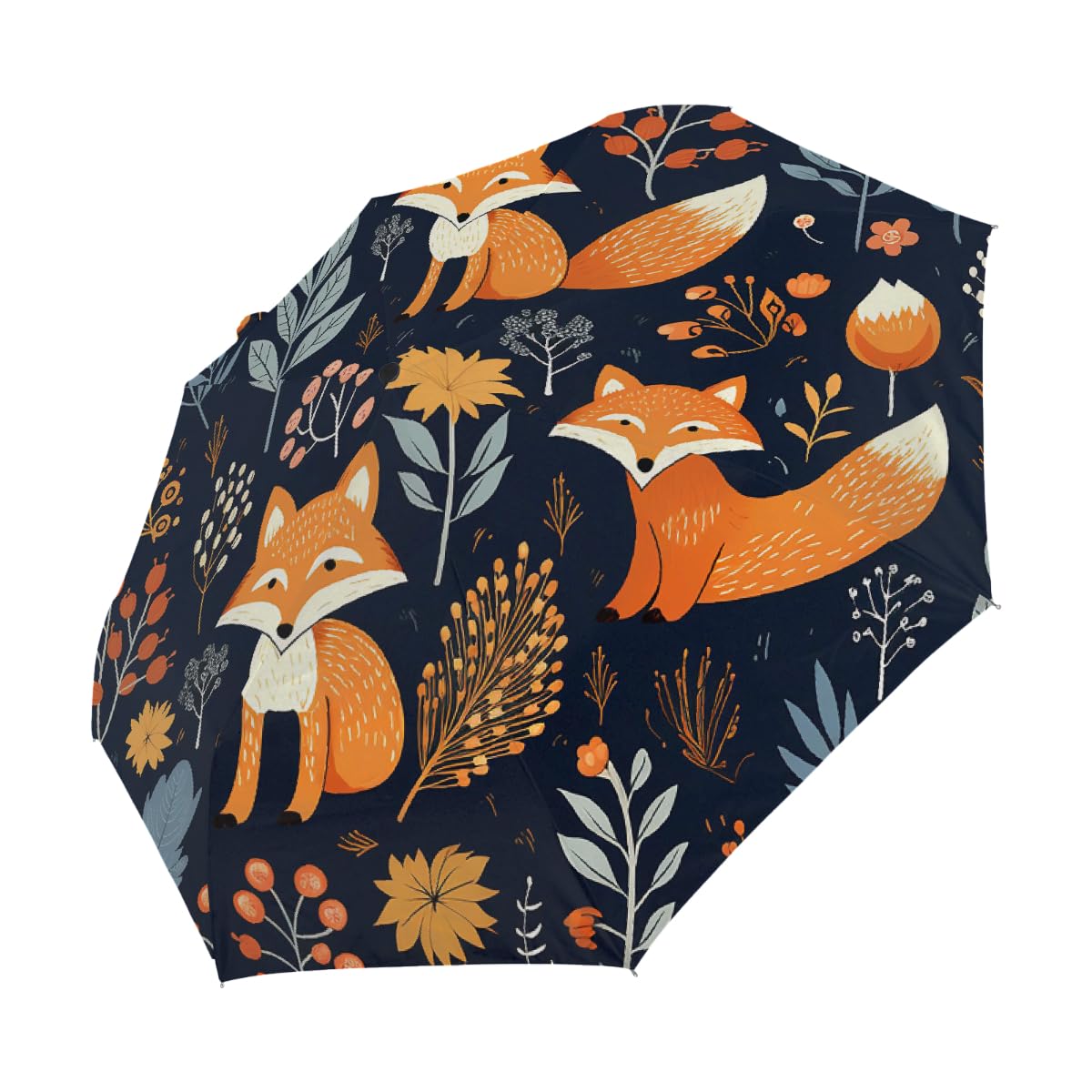Art Forest Fox - Ombrello pieghevole da viaggio con foglie autunnali, compatto, antivento, impermeabile, con protezione UV, rivestimento nero, leggero, 8 costine, portatile, per pioggia e sole