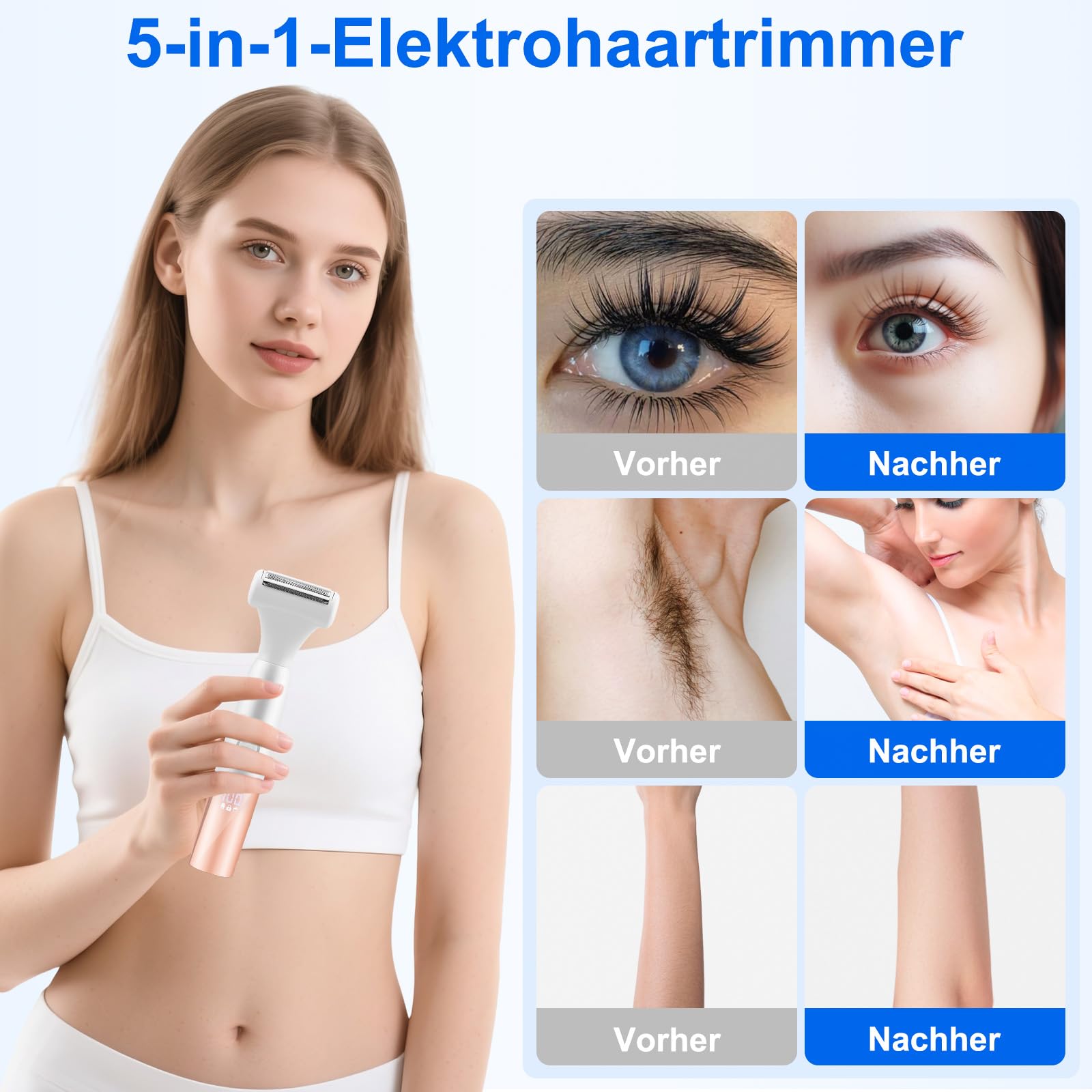 5-In-1 Bikini Trimmer, Kabellos Rasierer Damen, Elektrischer Intimrasierer für Frauen, IPX7 Wasserdichter & LCD-Display, Damenrasierer Intimbereich Elektrisch für Gesicht Bikini Achseln Beine
