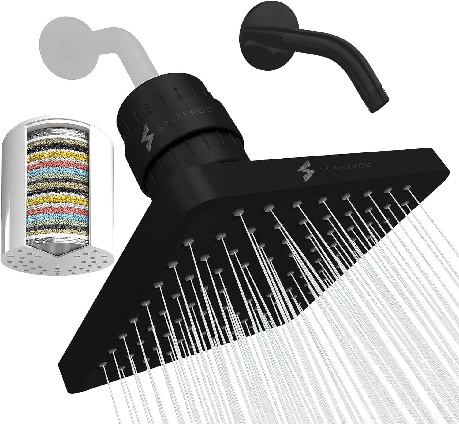 SparkPod Luxury Filtered Shower Head Set 23 Stage Shower Filter with Shower Arm - Removes Chlorine and Heavy Metals - High Pressure Showerhead Filter (8" Square, Midnight Black Matte)