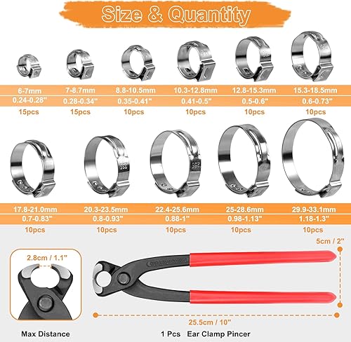 Miniatura 4 de 120 abrazaderas de manguera de oreja única de acero inoxidable 304, 11 tamaños, 0.236-1.303 in, kit surtido de anillos de cincha sin escalones con