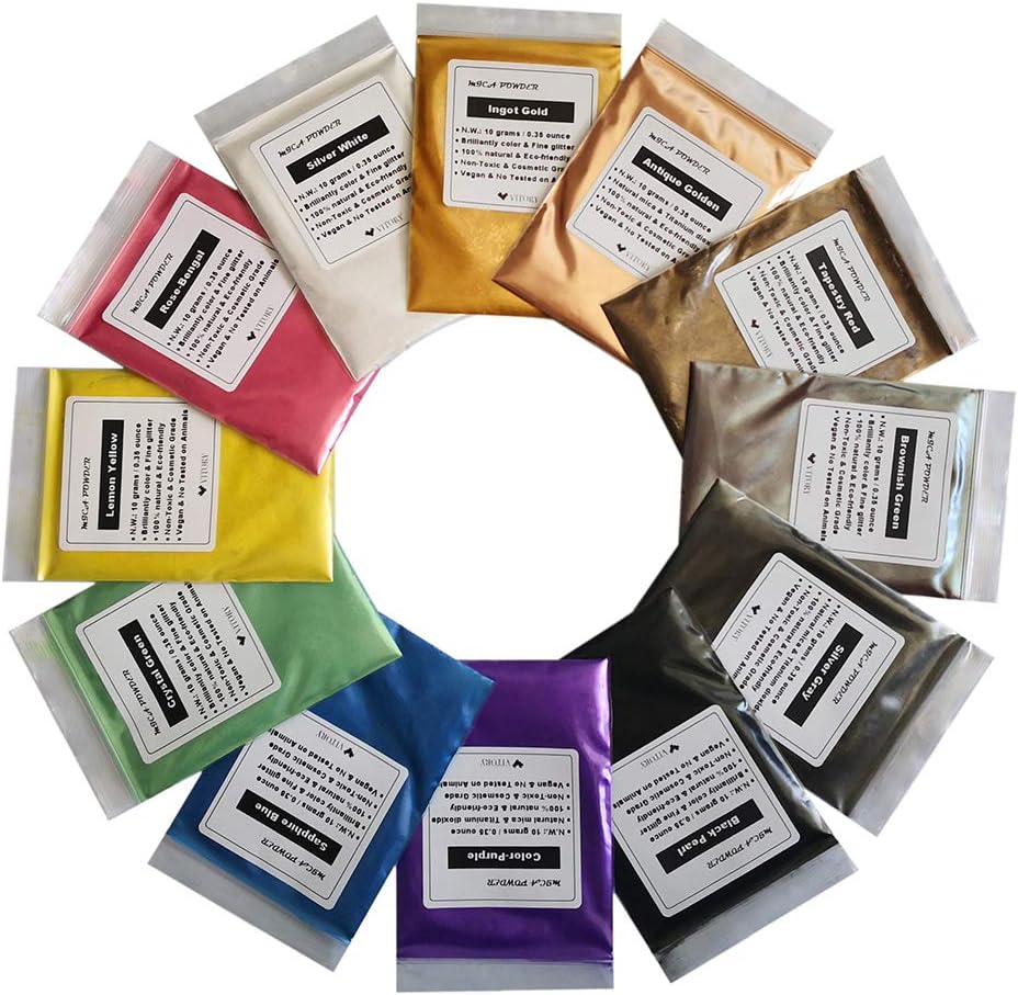 VITORY Mica Powder for Epoxy Resin, Art Crafts, Soap Making Dye, Nails, Slime Supplies, Mica Pigment Powder Set 12 Colors /10g Each- Pack A
