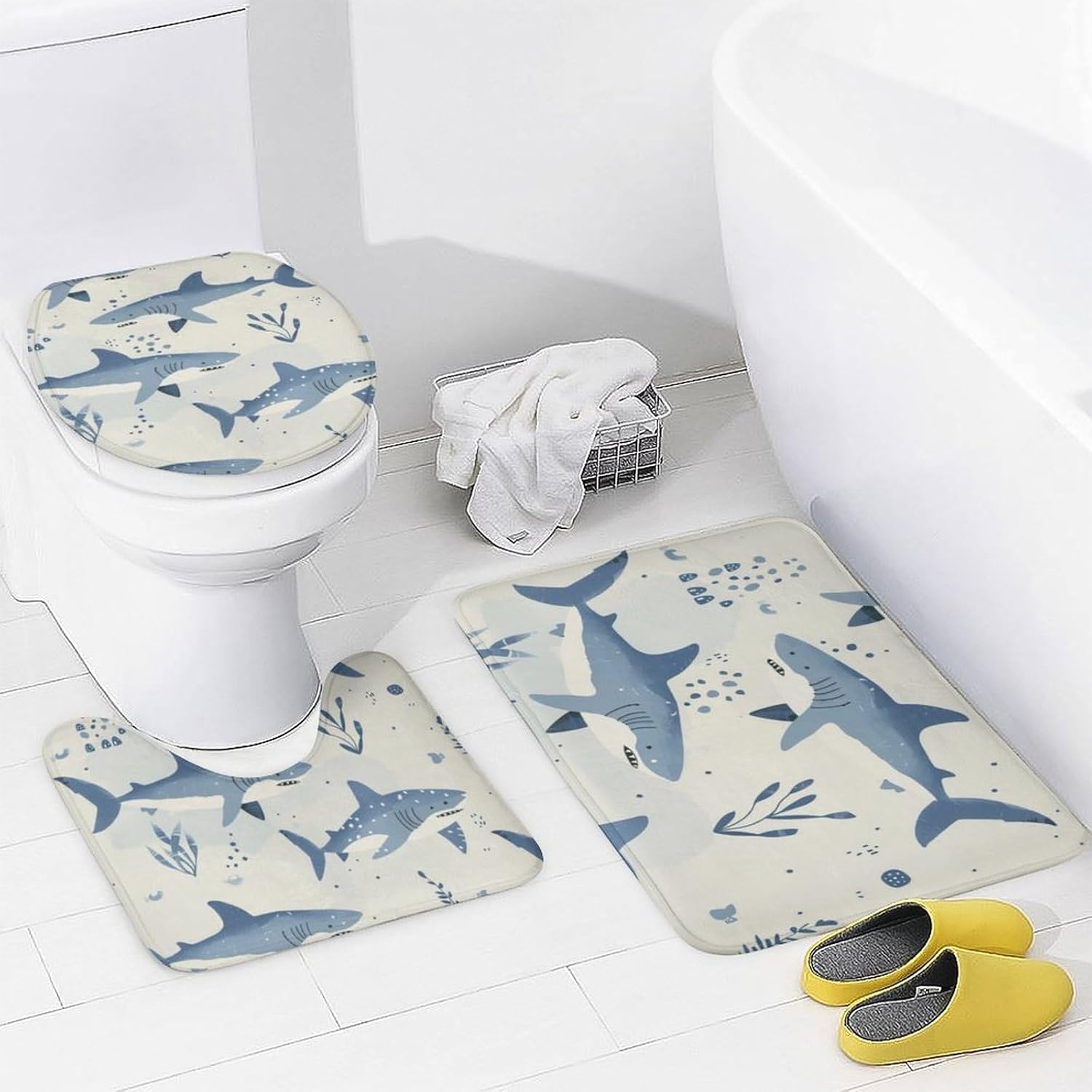 Cartoon Shark Pictures Shower Curtain Sets with Toilet Lid Cover and Rugs, Watercolor Retro Sea Animals Bathroom Decor Set with Rug U Shape Mat, Waterproof Shower Curtain with 12 Hook 4Pcs