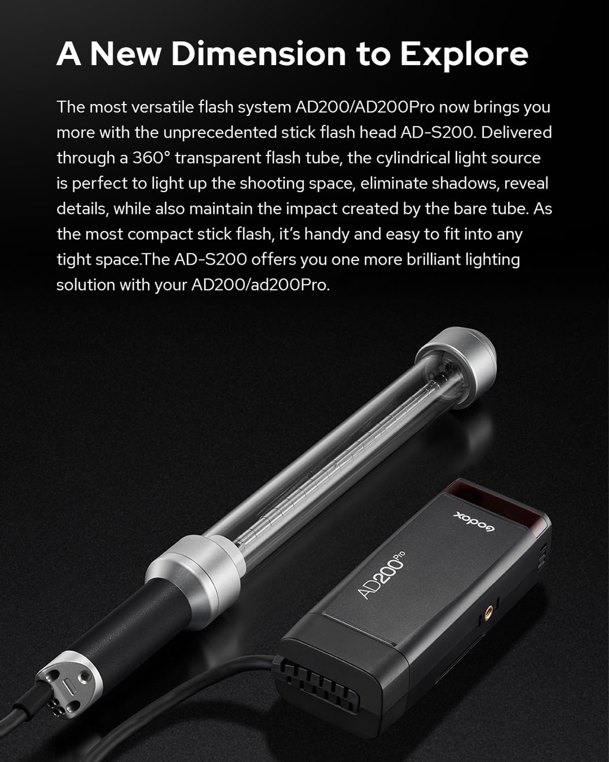 Godox AD-S200 Stick Flash Head 200W 5800K for AD200, AD200Pro and AD200Pro II Pocket Flashes with Barn Door, Carry Bag